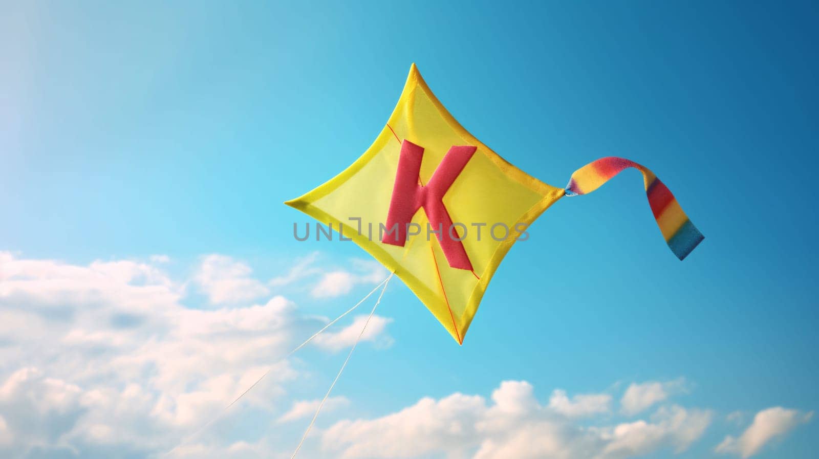Graphic alphabet letters: Kite flying in the blue sky. 3D rendering. Copy space.