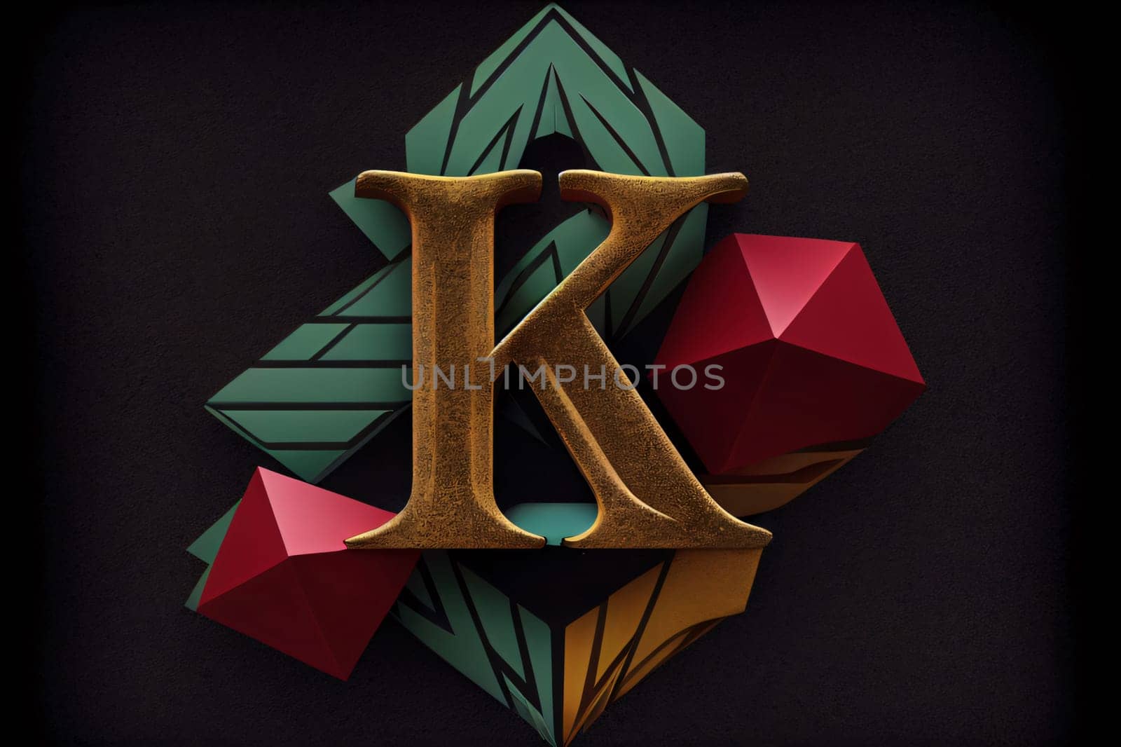 Graphic alphabet letters: Golden letter K decorated with colorful geometric figures on black background. 3D rendering.