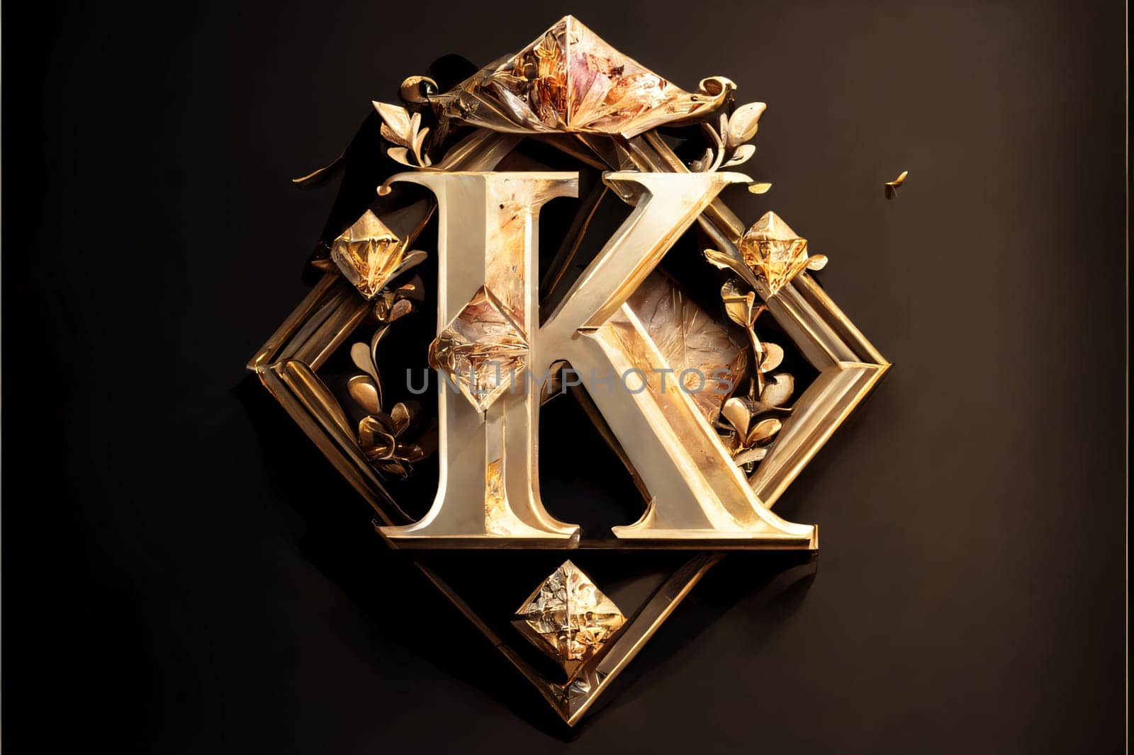 Luxury golden letter K on a black background. 3d rendering by ThemesS