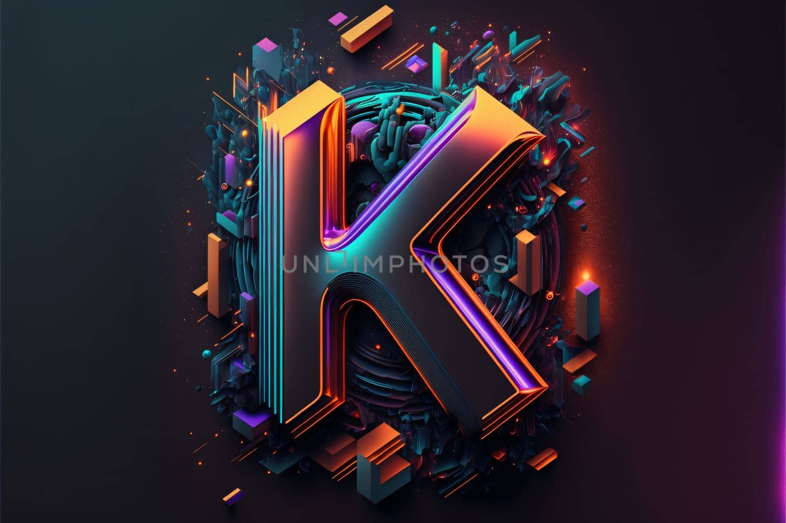 Graphic alphabet letters: 3d illustration of letter K in neon style. Letter K is located in the center of the frame.