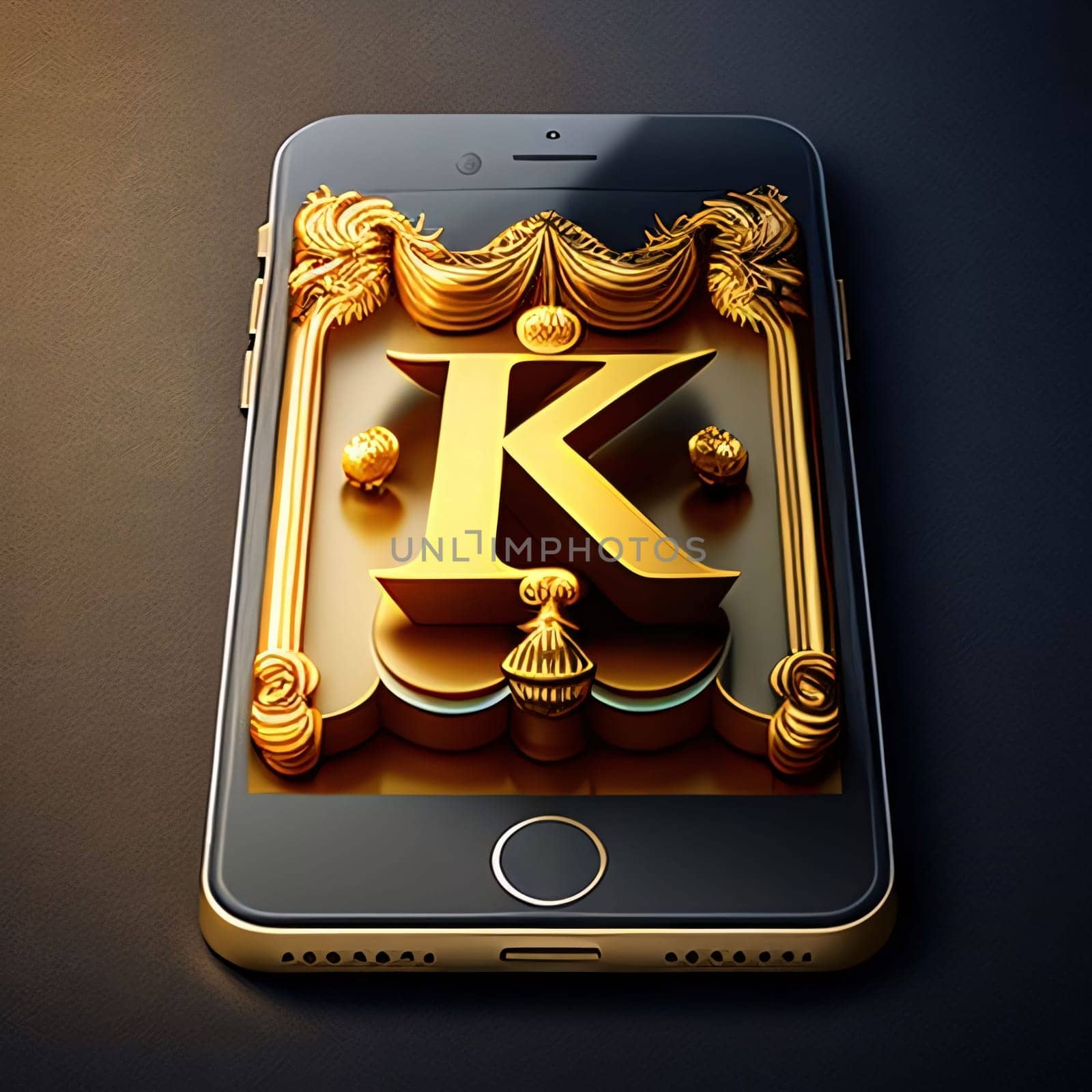 Graphic alphabet letters: Smartphone with golden letter K on the screen. 3d illustration