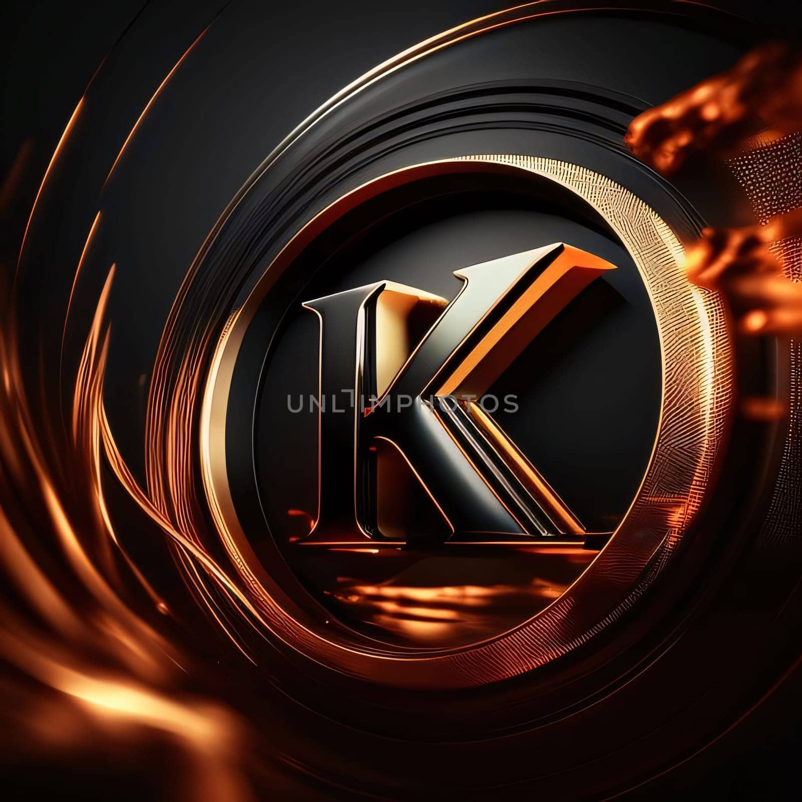 Graphic alphabet letters: K letter logo on black background. 3D illustration. 3D rendering.