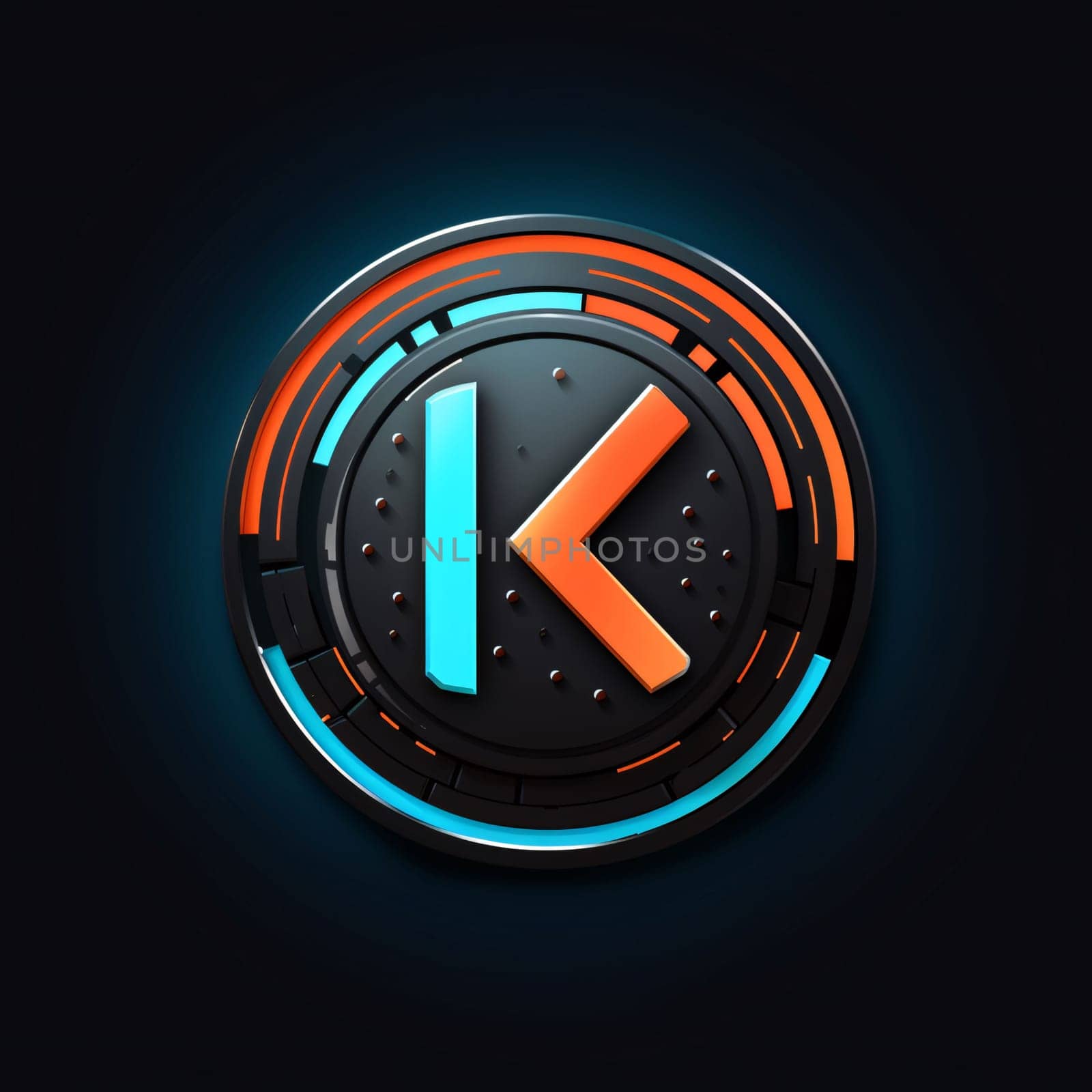 Graphic alphabet letters: Illustration of black and orange neon play button on dark background.