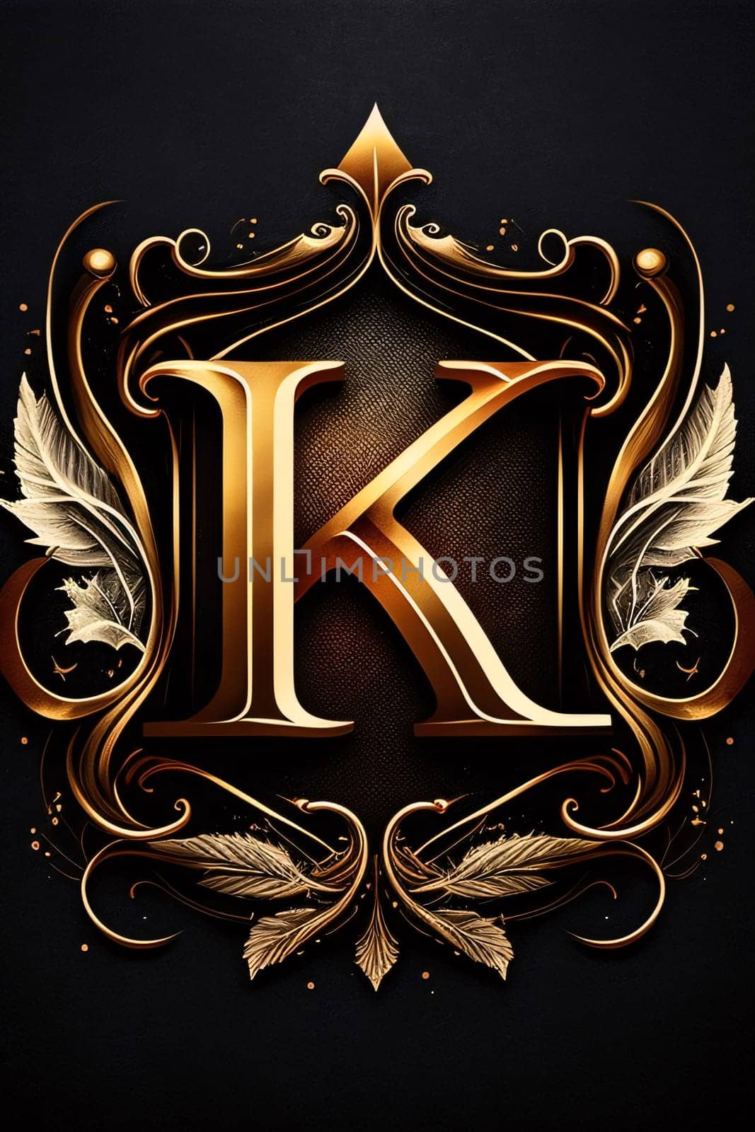 Luxury golden letter K with decorative elements on black background. by ThemesS