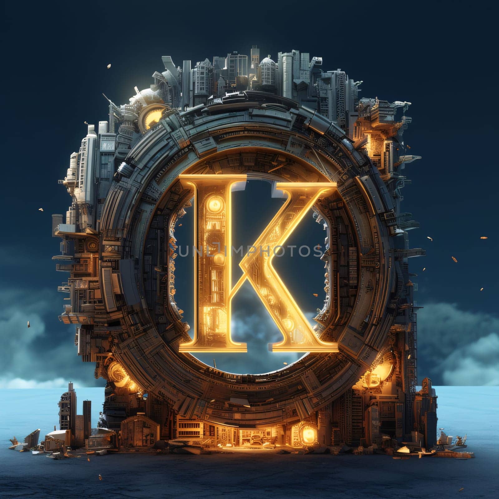 Graphic alphabet letters: 3D rendering of futuristic letter K in the shape of a planet