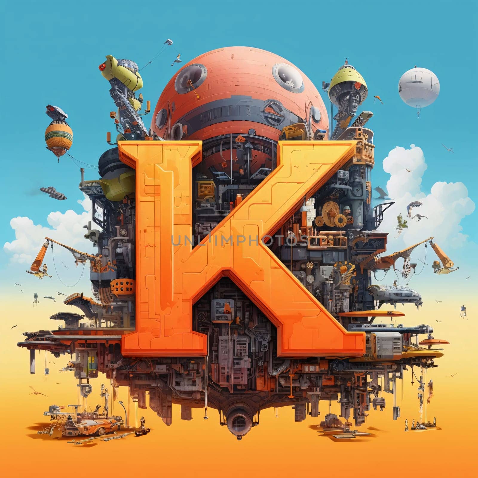 Graphic alphabet letters: The letter K in the form of a construction site, 3d rendering