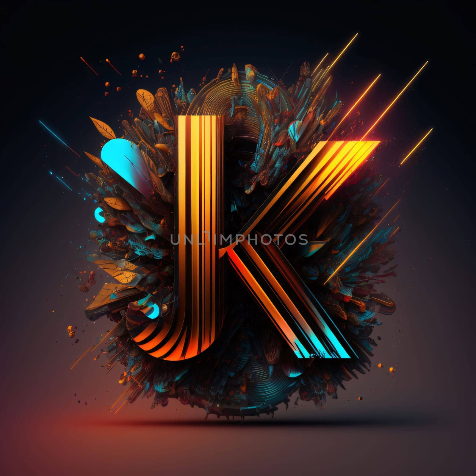 Graphic alphabet letters: Futuristic letter K, futuristic 3d render font with explosion effect