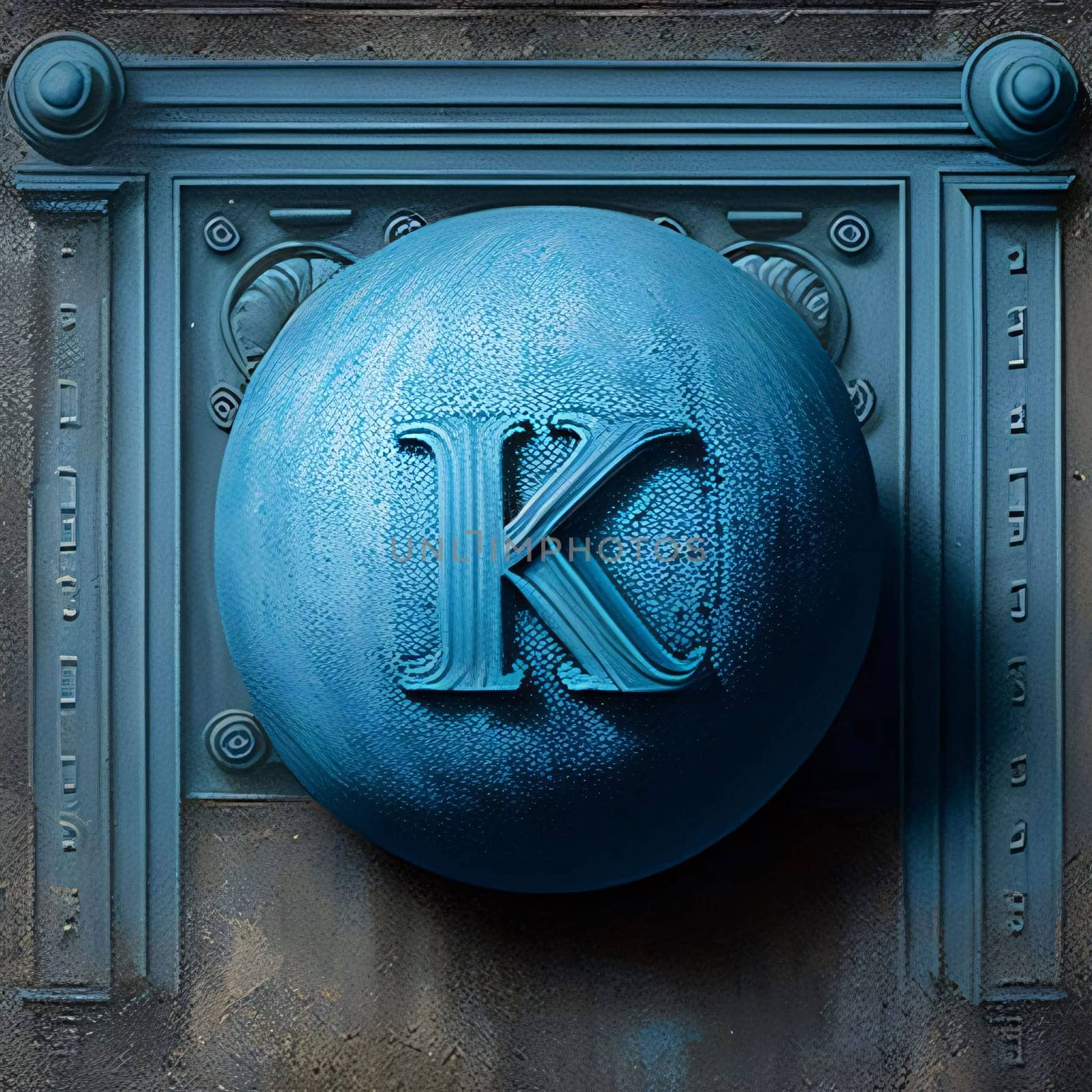 Graphic alphabet letters: 3D render of the letter K on a blue metal background.