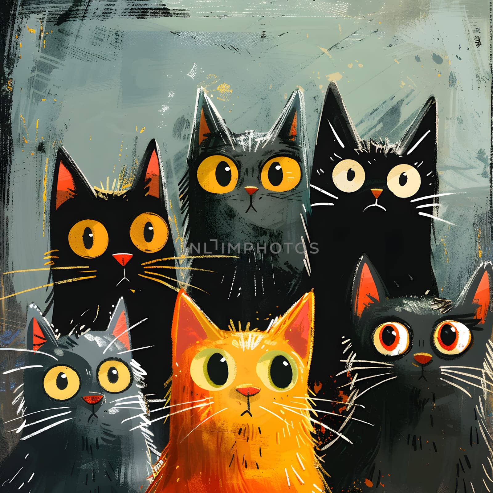 A painting showcasing a group of Felidae, with white fur and striking yellow eyes, displaying various facial expressions. These small to mediumsized cats are carnivorous mammals