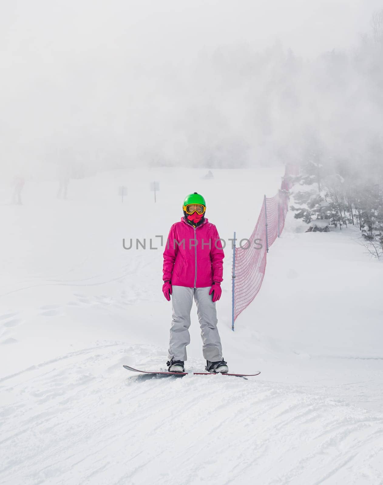 A snowboarder wearing a bright pink jacket and green helmet stands on a misty, snow-covered slope. The scene is set in a winter landscape with some trees and a safety net in the background.