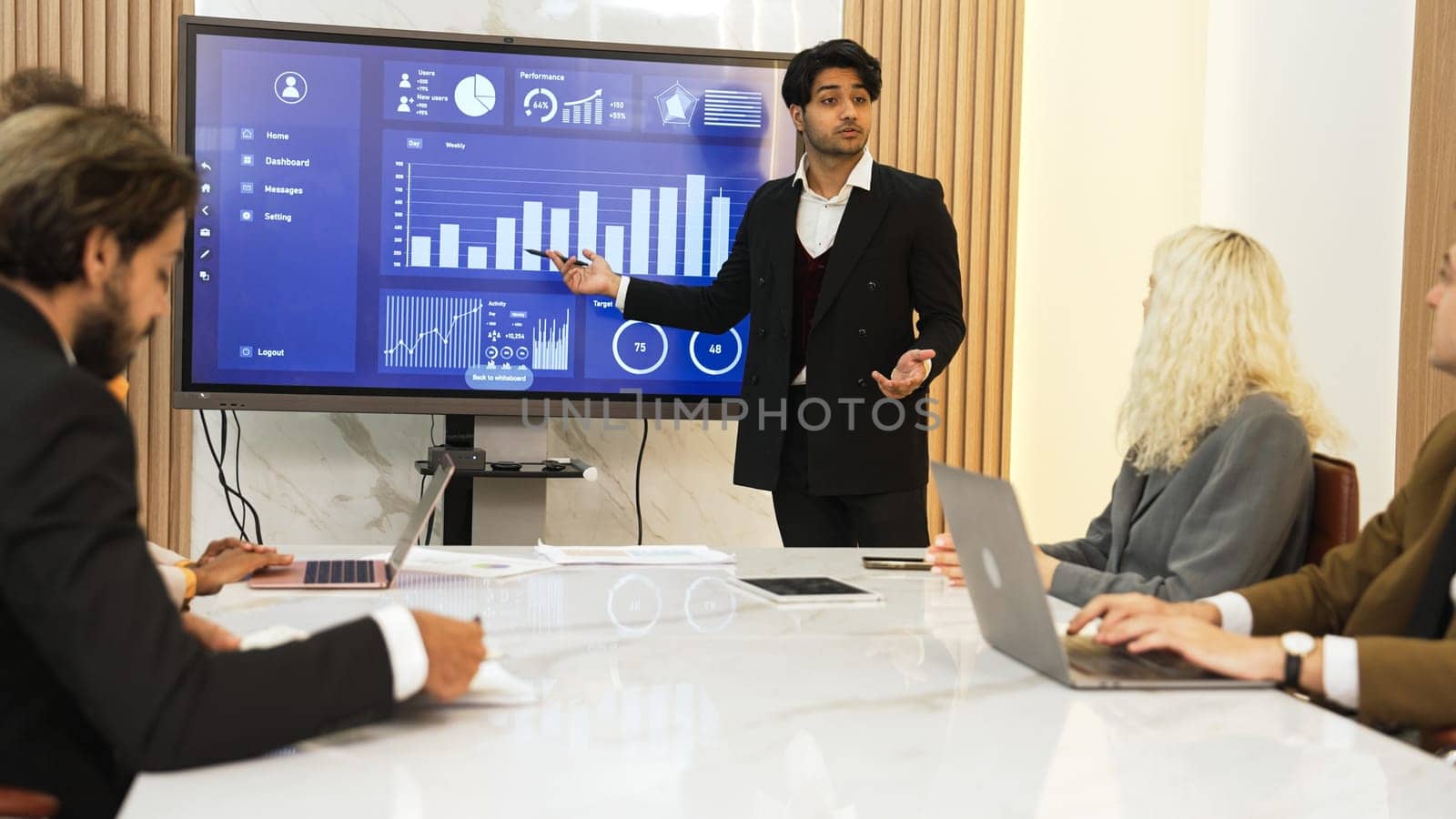 Presentation in office or ornament meeting room with analyst team utilize BI Fintech to analyze financial data. Businesspeople analyzing BI dashboard power display on TV screen for strategic planning