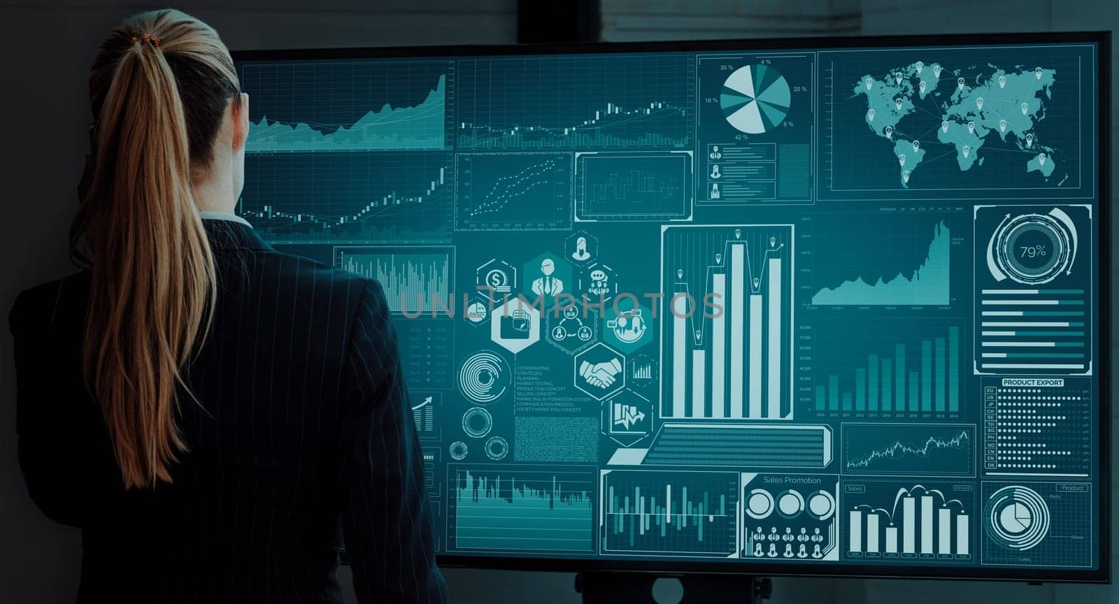 Data Analysis for Business and Finance Concept. interface showing future computer technology of profit analytic, online marketing research and information report for digital business strategy. uds