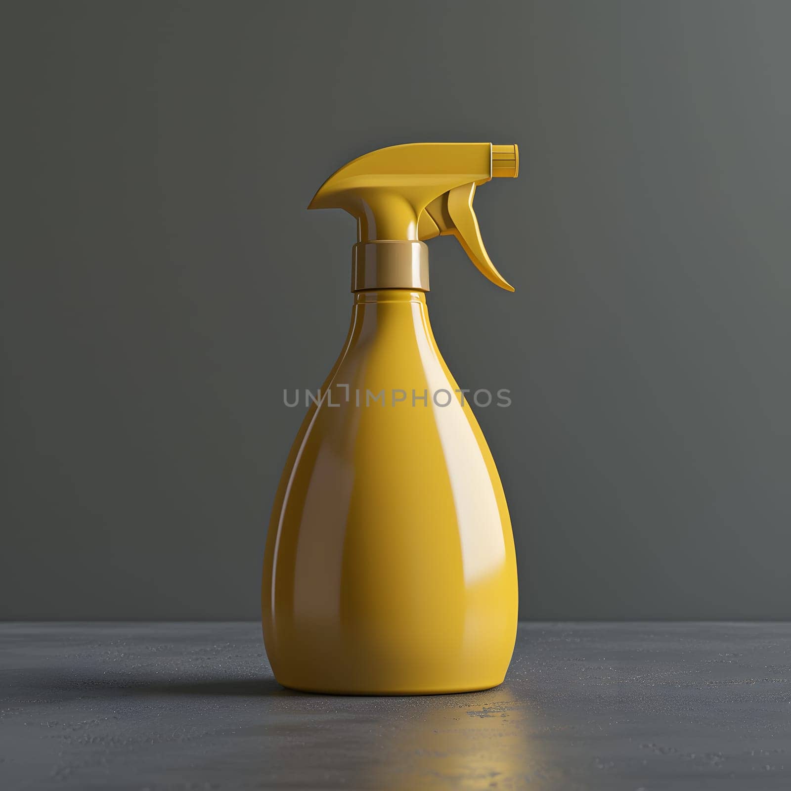 A vibrant yellow spray bottle sits among a collection of drinkware, serveware, porcelain, art, artifacts, tableware, gas, pottery, wood, and ceramic on a table