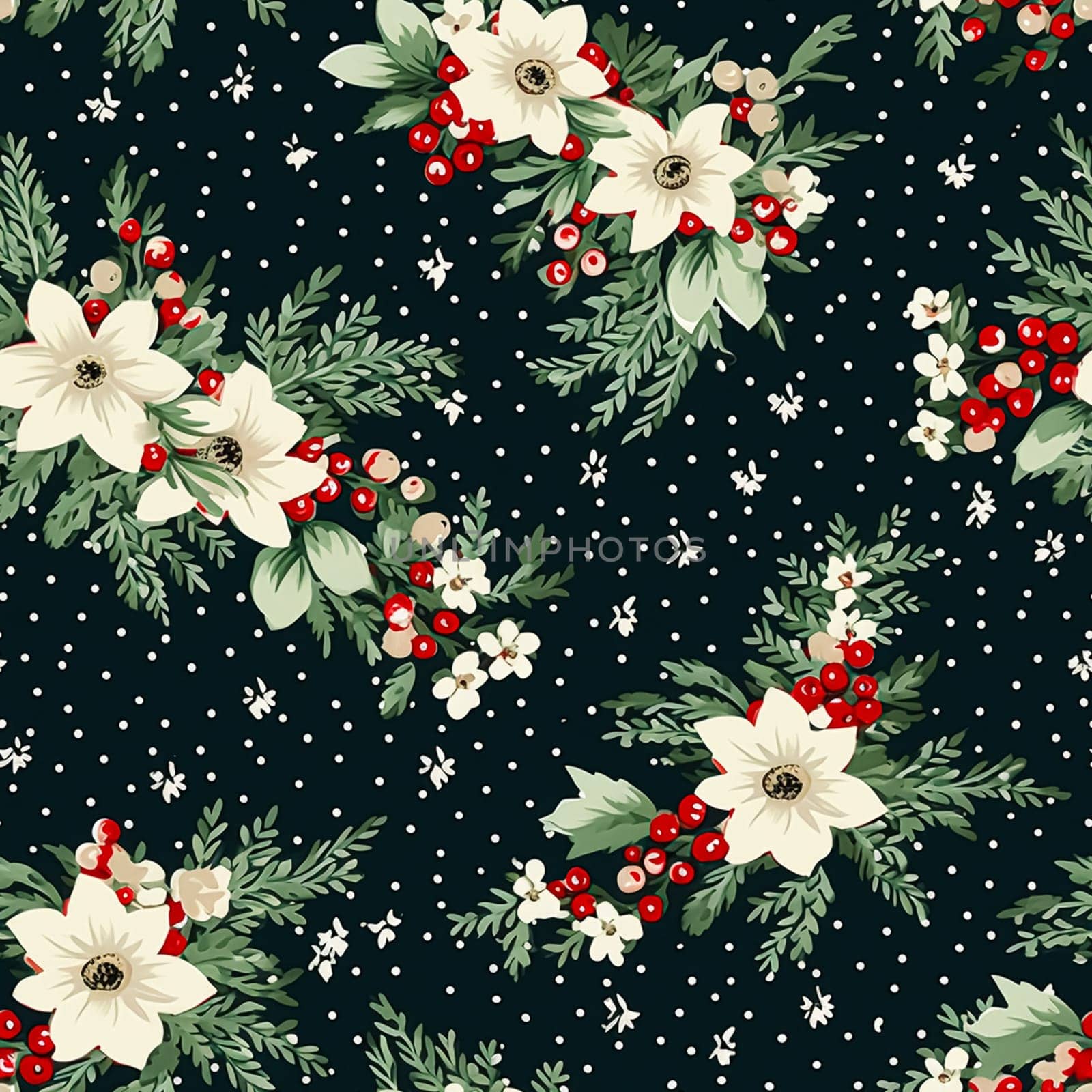 Seamless pattern, tileable Christmas holiday poinsettia floral country dots print on black, English countryside flowers for wallpaper, wrapping paper, scrapbook, fabric and product design by Anneleven