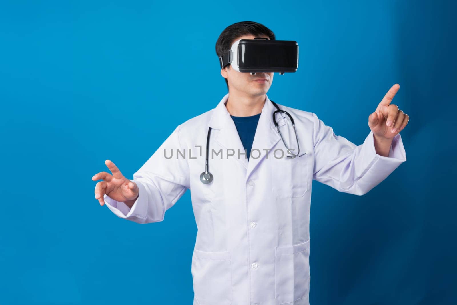 Doctor wearing VR connect meta selecting zoom in out medicine. Contrivance. by biancoblue