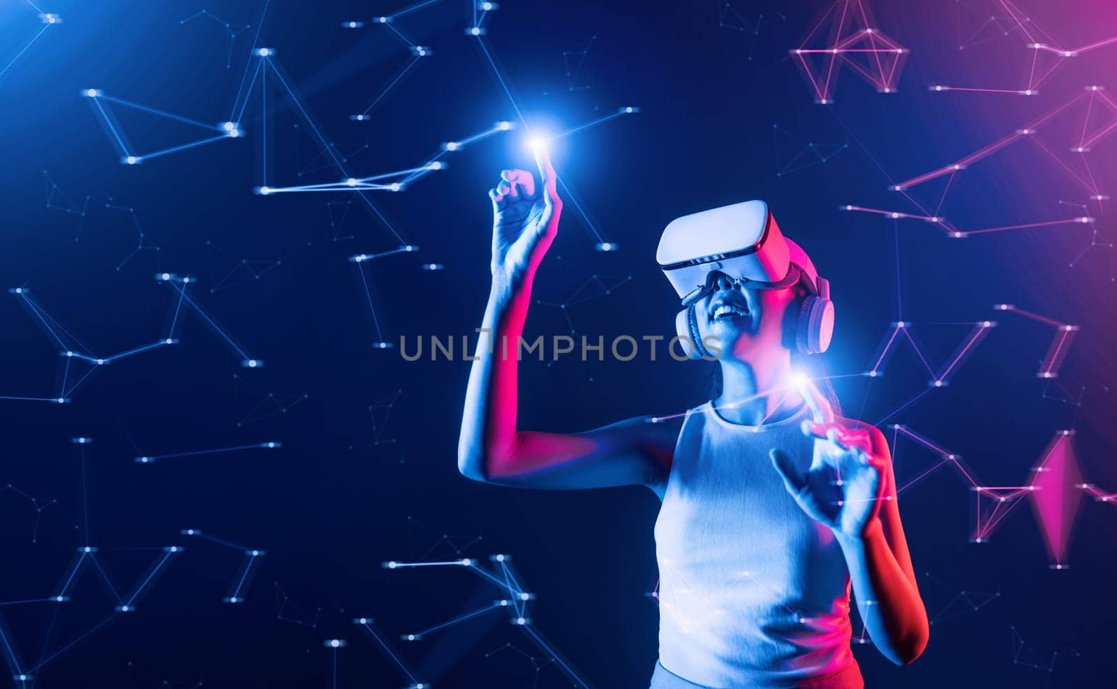 Female standing in cyberpunk neon light wear white VR headset and tank top connecting metaverse, future cyberspace community technology, She use two finger touch virtual reality object. Hallucination.