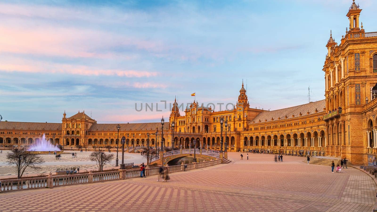 Panoramic view of Plaza de Espana in Seville, Andalusia, Spain at sunset