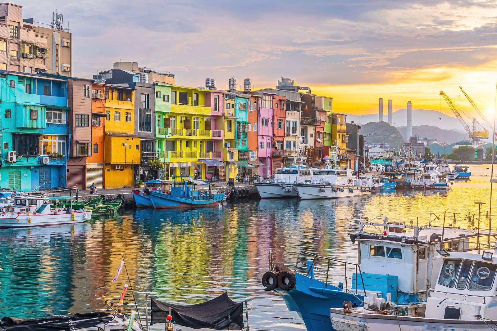 Cityscape of Colorful Zhengbin Fishing Port  in Keelung near Taipei city, Taiwan at sunset