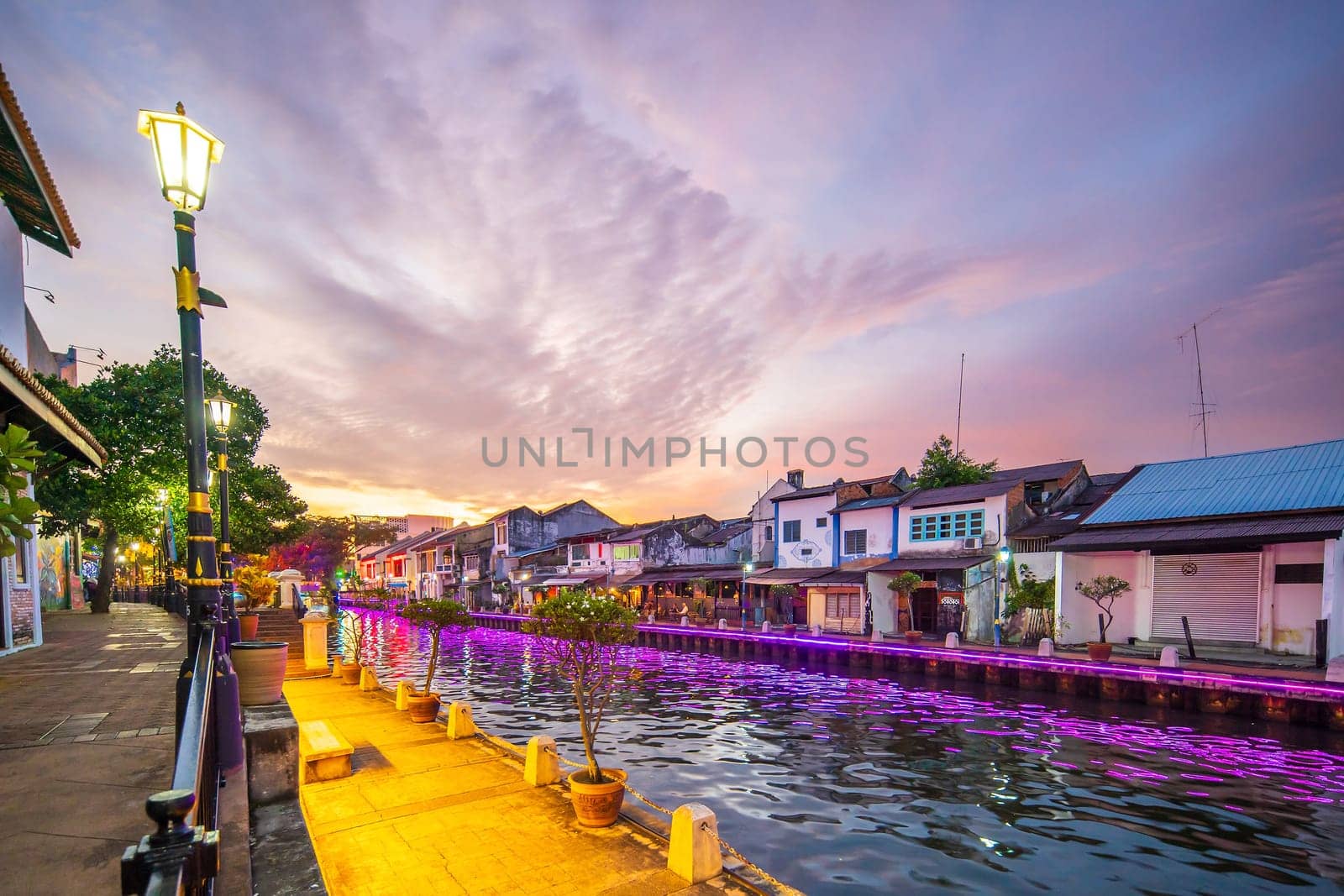 The old town of Malacca, Melaca and the Malacca river. UNESCO World Heritage Site in Malaysia at twilight