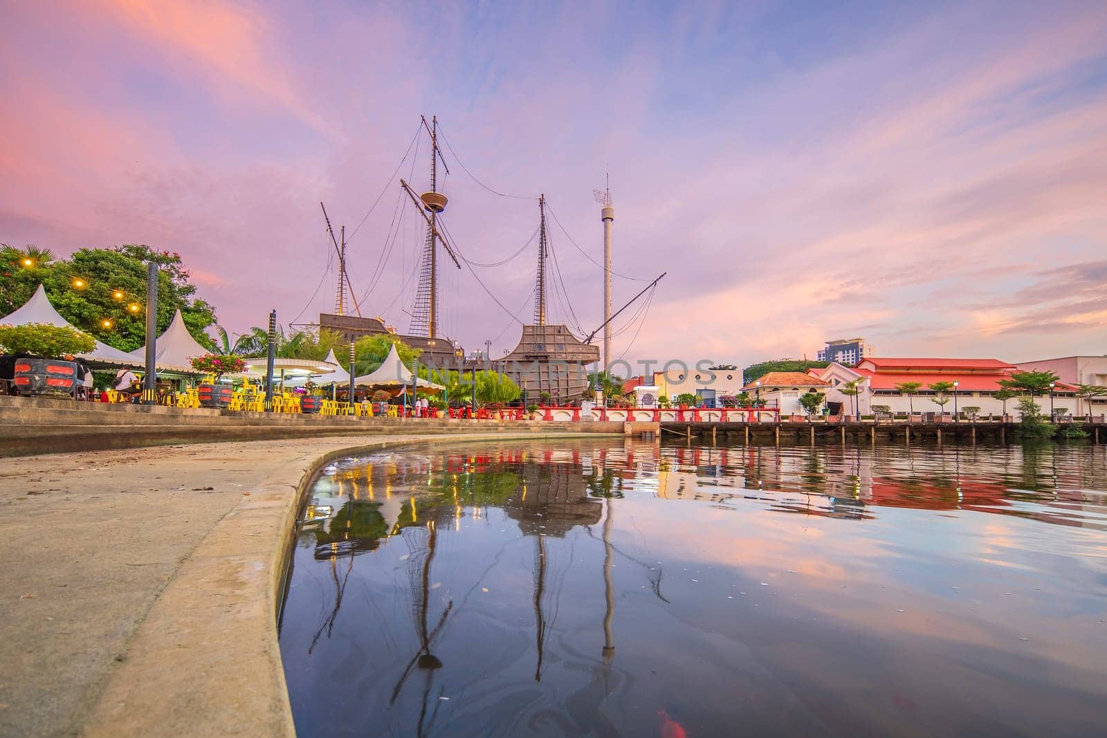 The old town of Malacca, Melaca and the Malacca river. UNESCO World Heritage Site in Malaysia at twilight