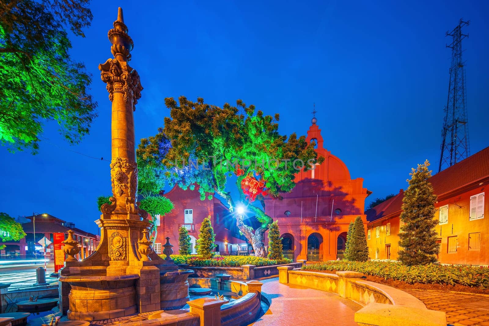 The oriental red building in Dutch Square, Melaka, Malacca, Malaysia at night