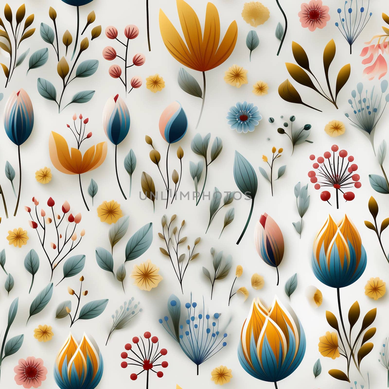 Seamless pattern tile background flowers and floral leaves plants. High quality photo