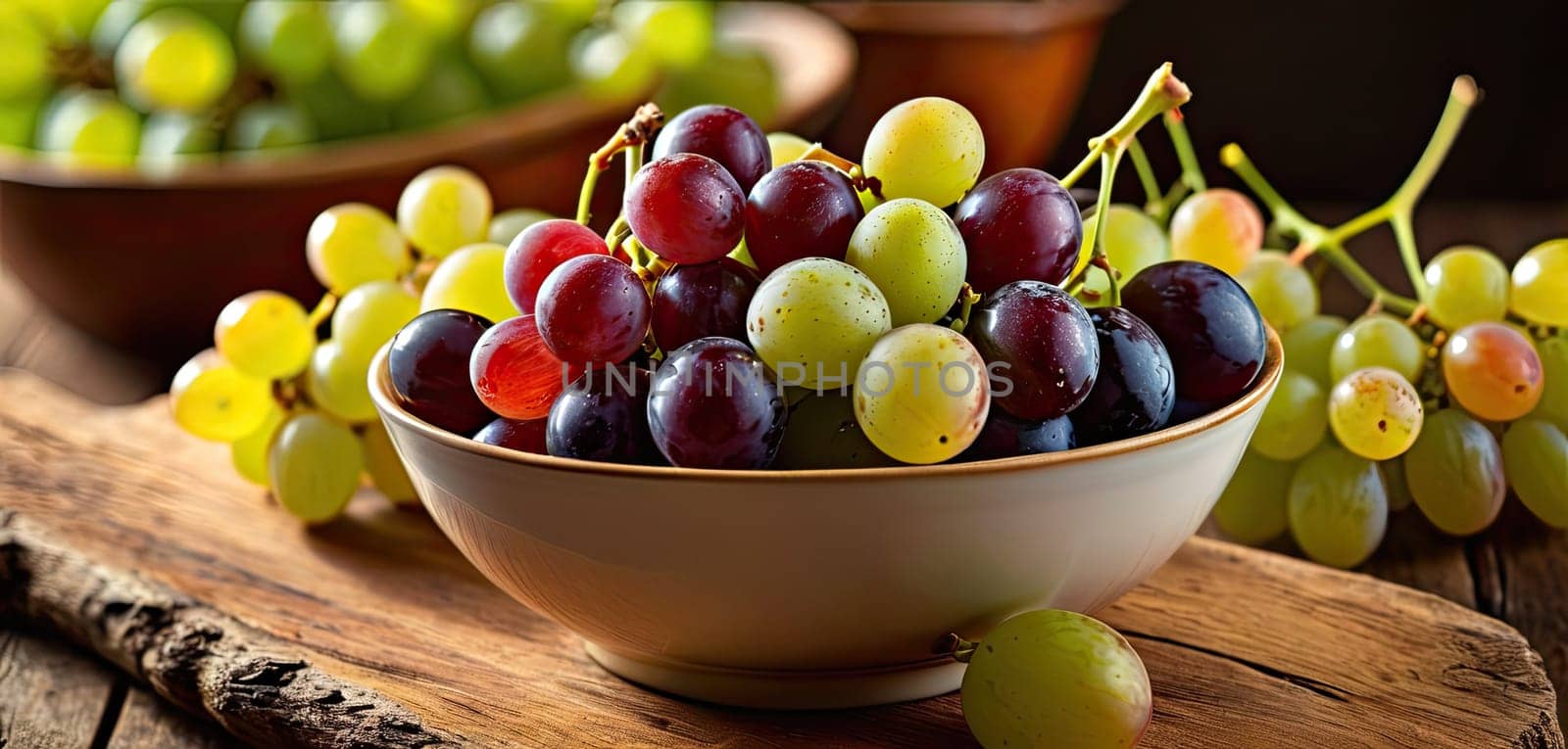 Grapes in bowl on wooden table