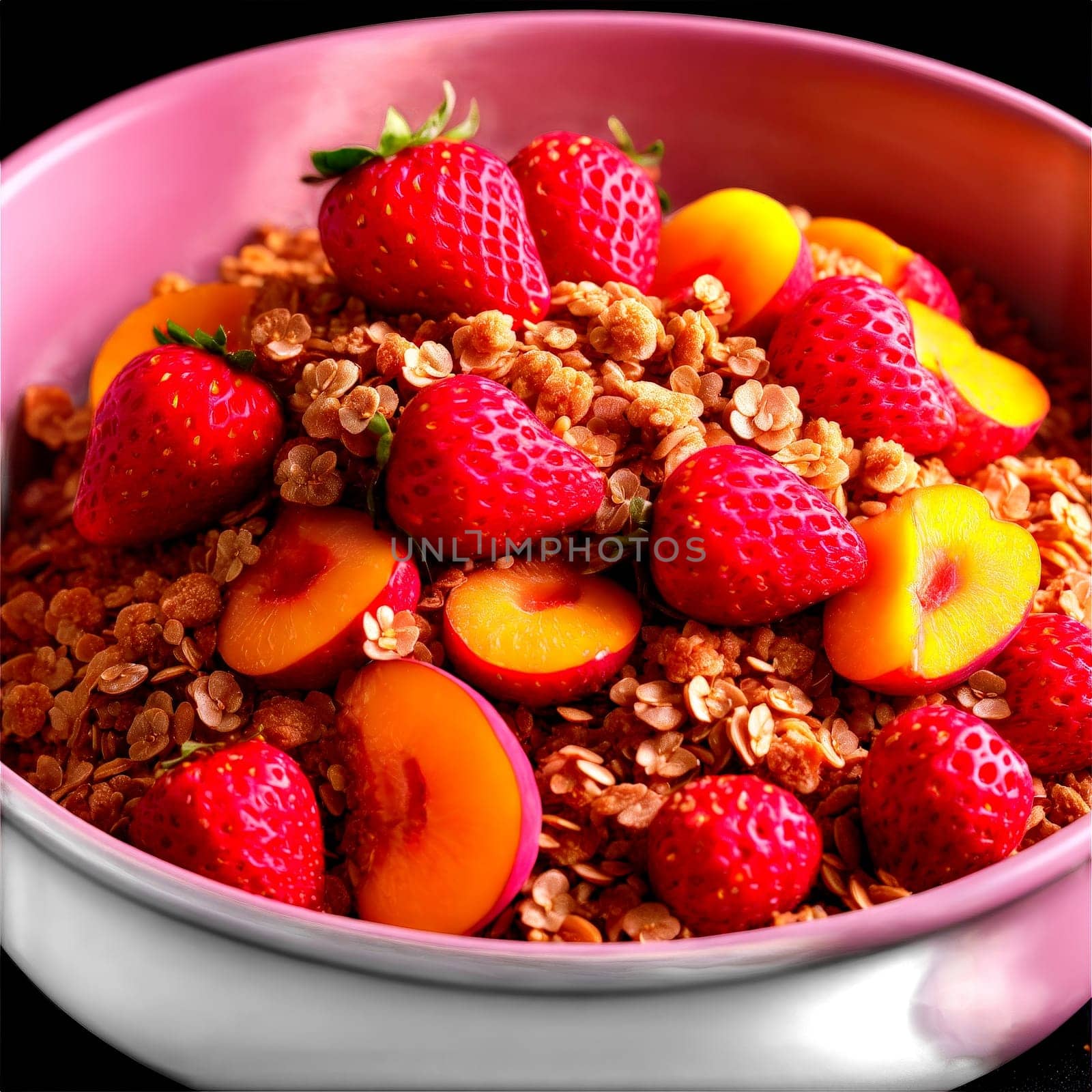Strawberry peach crisp golden oat topping pink and orange filling bubbling Food and Culinary concept. Food isolated on transparent background.
