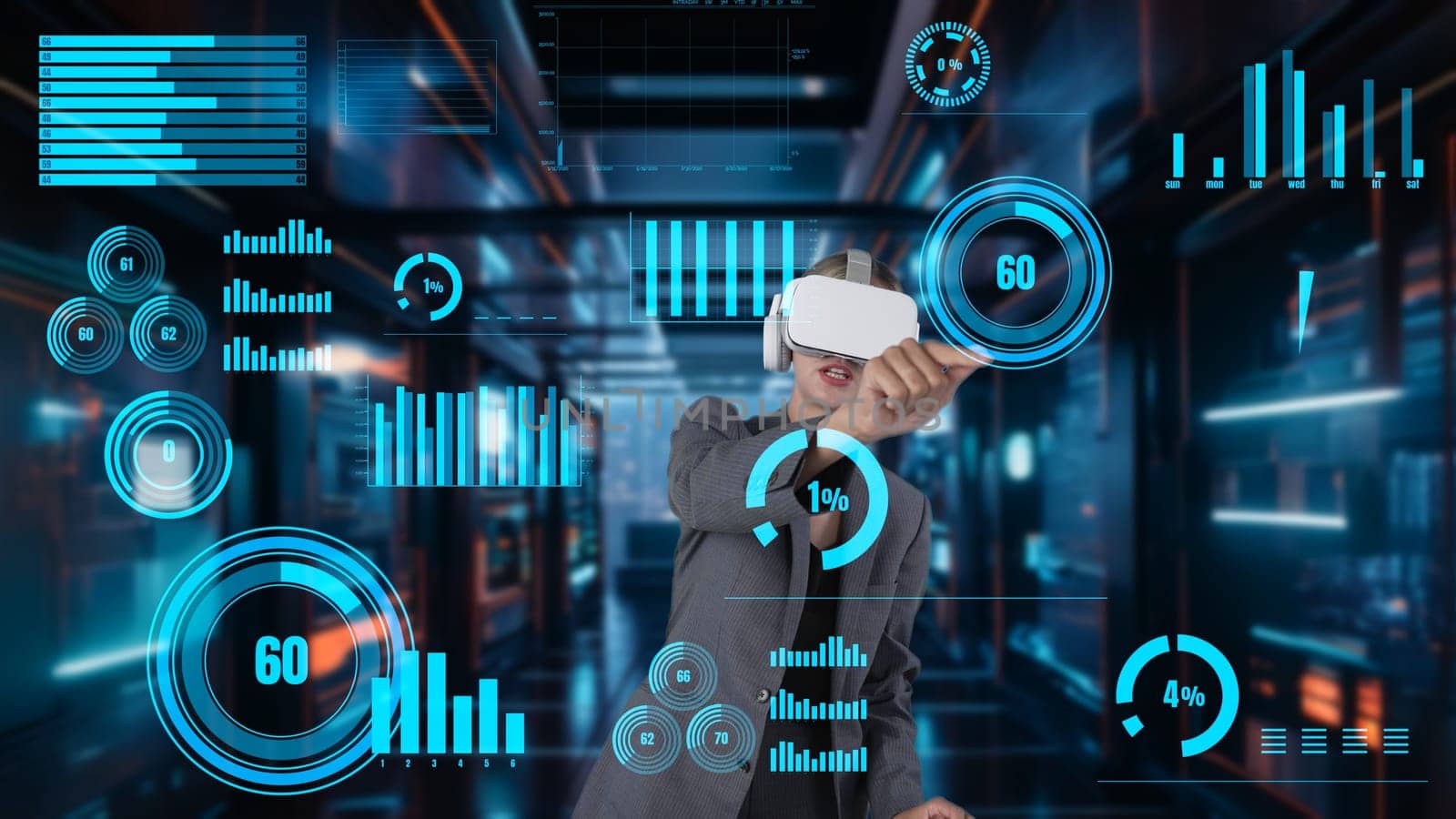 Businesswoman explaining dynamic market data calculated analysis in big data business by VR innovation interface digital infographic network technology visual hologram animation server. Contraption.