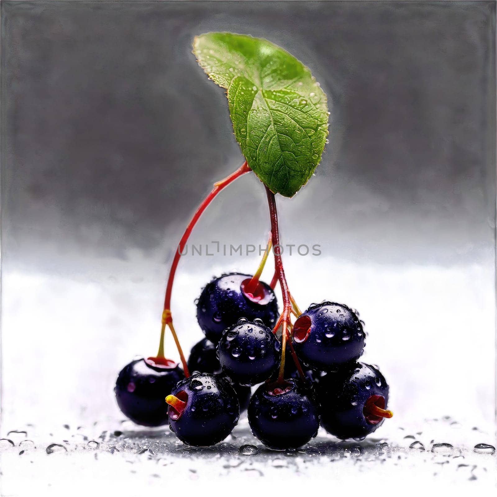 Ripe huckleberries rolling water droplets glistening stems swirling Vaccinium ovatum Food and Culinary concept. Food isolated on transparent background.