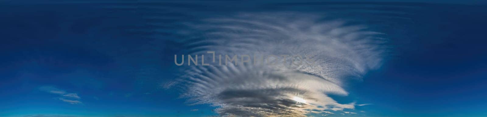 Blue sky with Cirrus clouds Seamless panorama in spherical equirectangular format. Complete zenith for use in 3D graphics, game and for composites in aerial drone 360 degree panoramas as a sky dome.