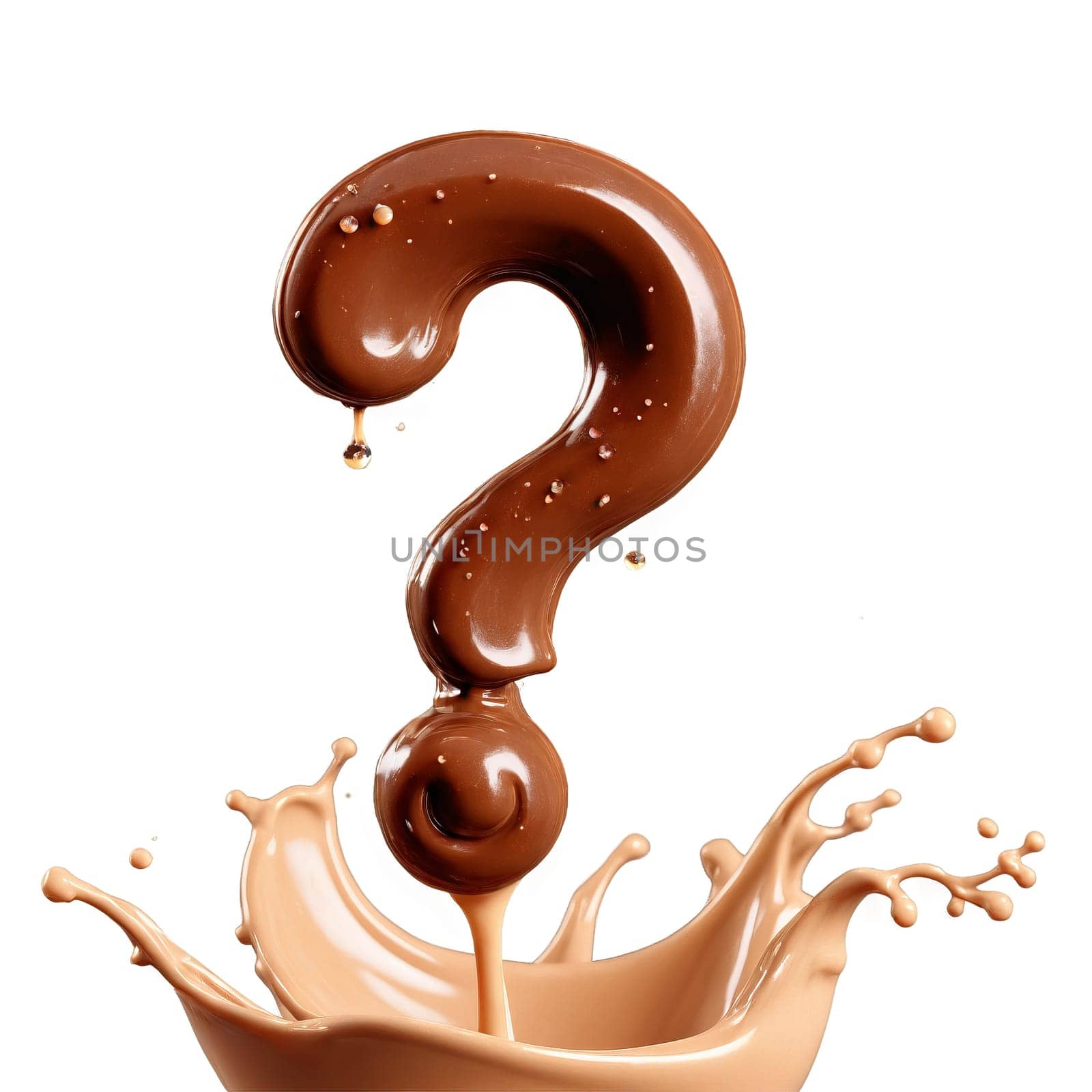 Question mark chocolate milk splash symbol substantial brown liquid curling and hooking droplets flying Food. Food isolated on transparent background.
