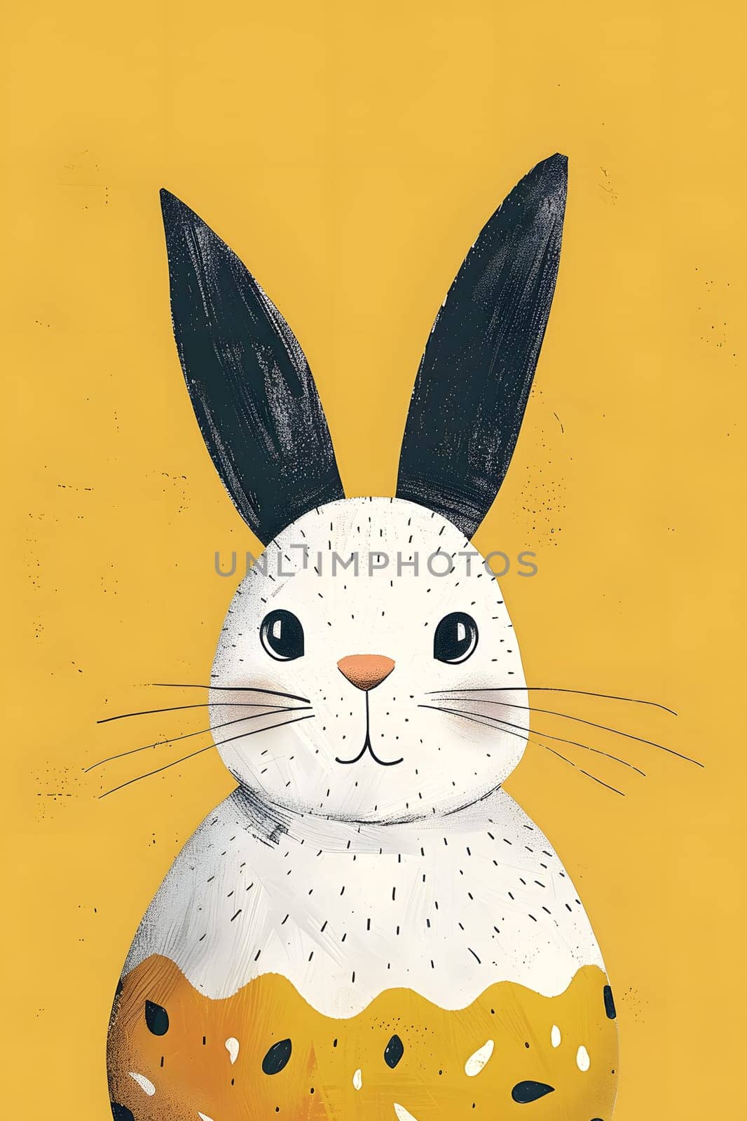 A Domestic rabbit with black ears is depicted sitting on a yellow background. This Animal figure resembles a Toy or an Illustration in an Art style