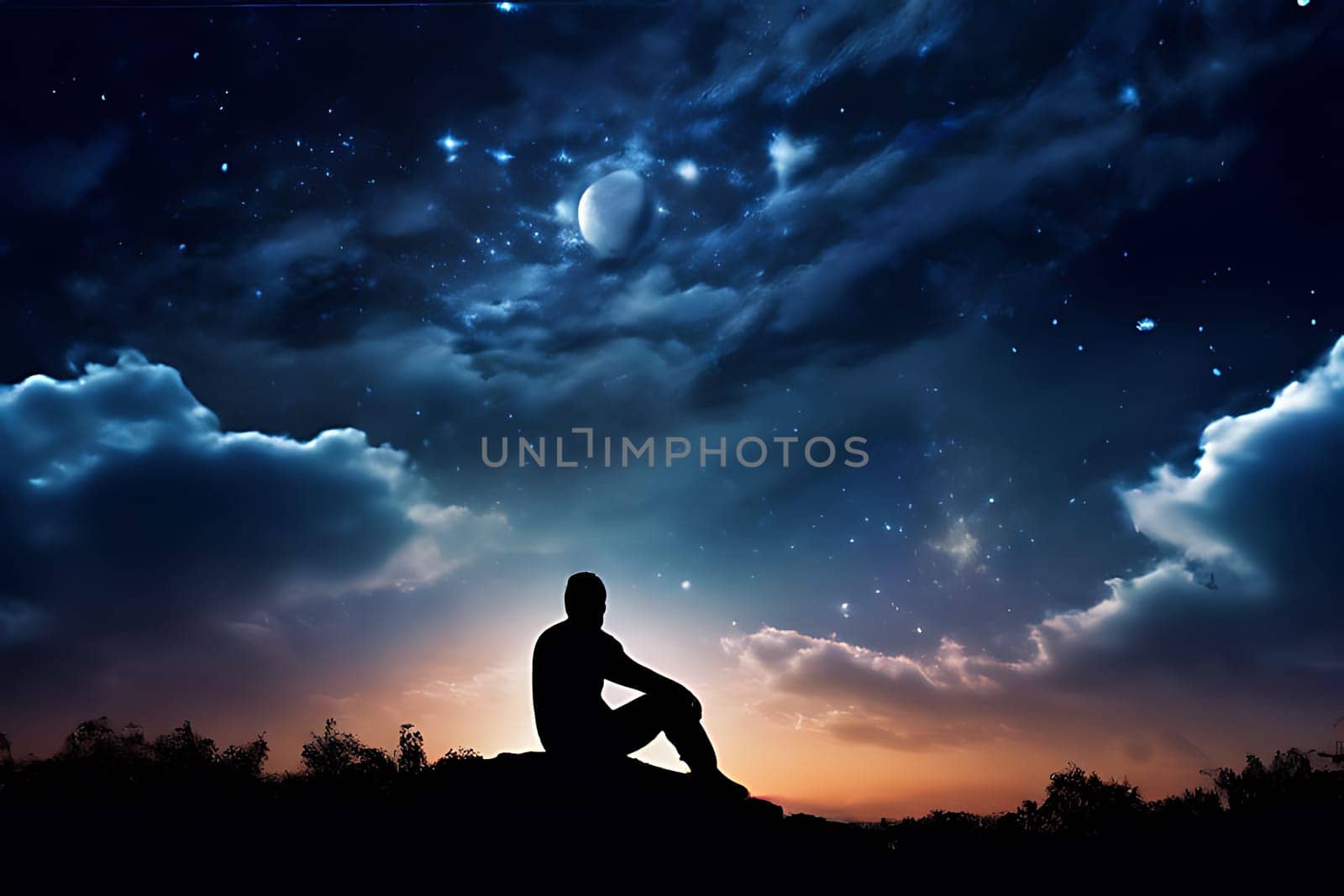 A contemplative silhouette of a man sitting on a rock, set against a serene background, capturing a moment of reflection and solitude.