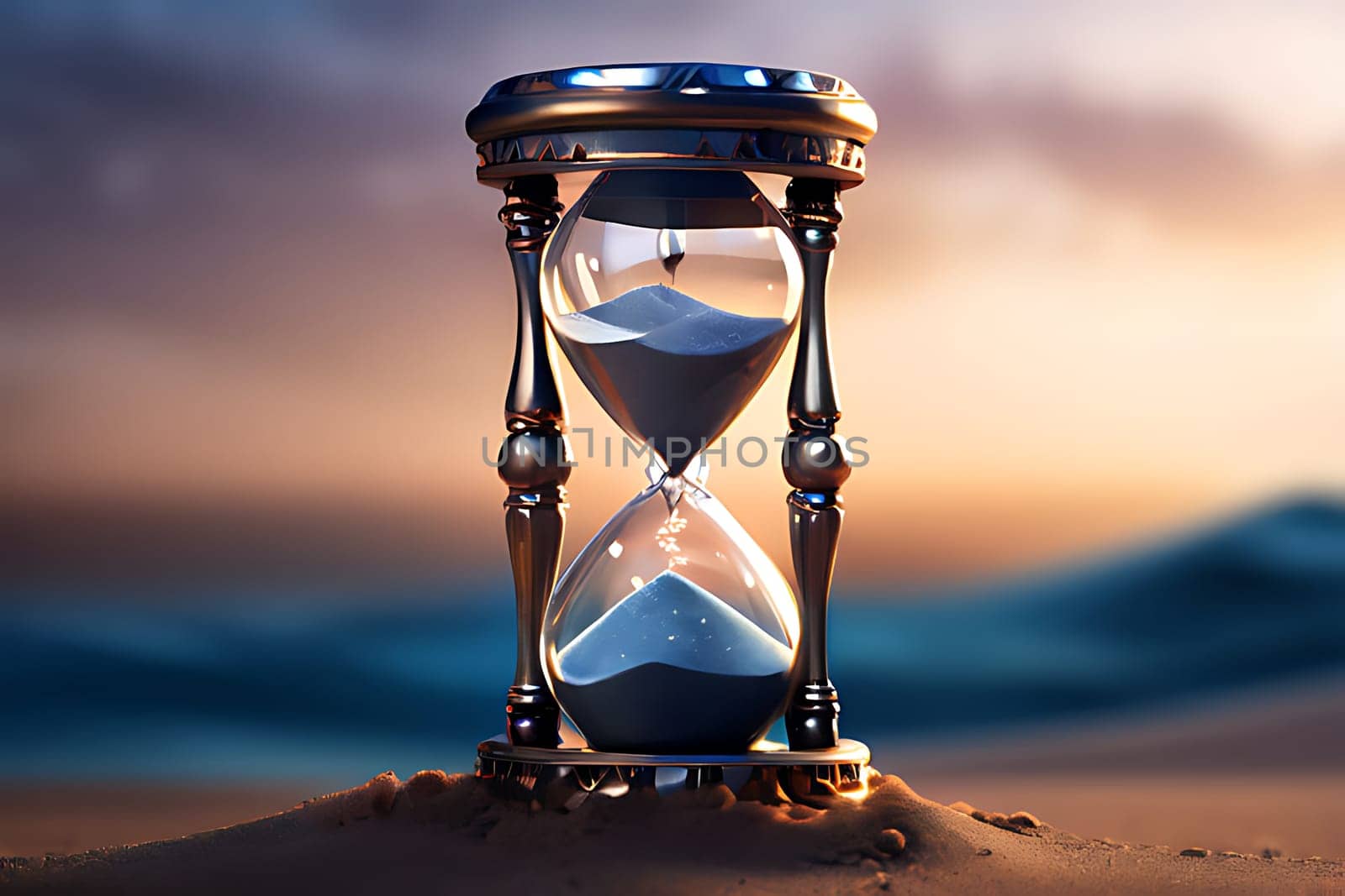A striking image of an hourglass resting on a sandy surface, symbolizing the passage of time and the transient nature of life, perfect for themes related to time management and contemplation.