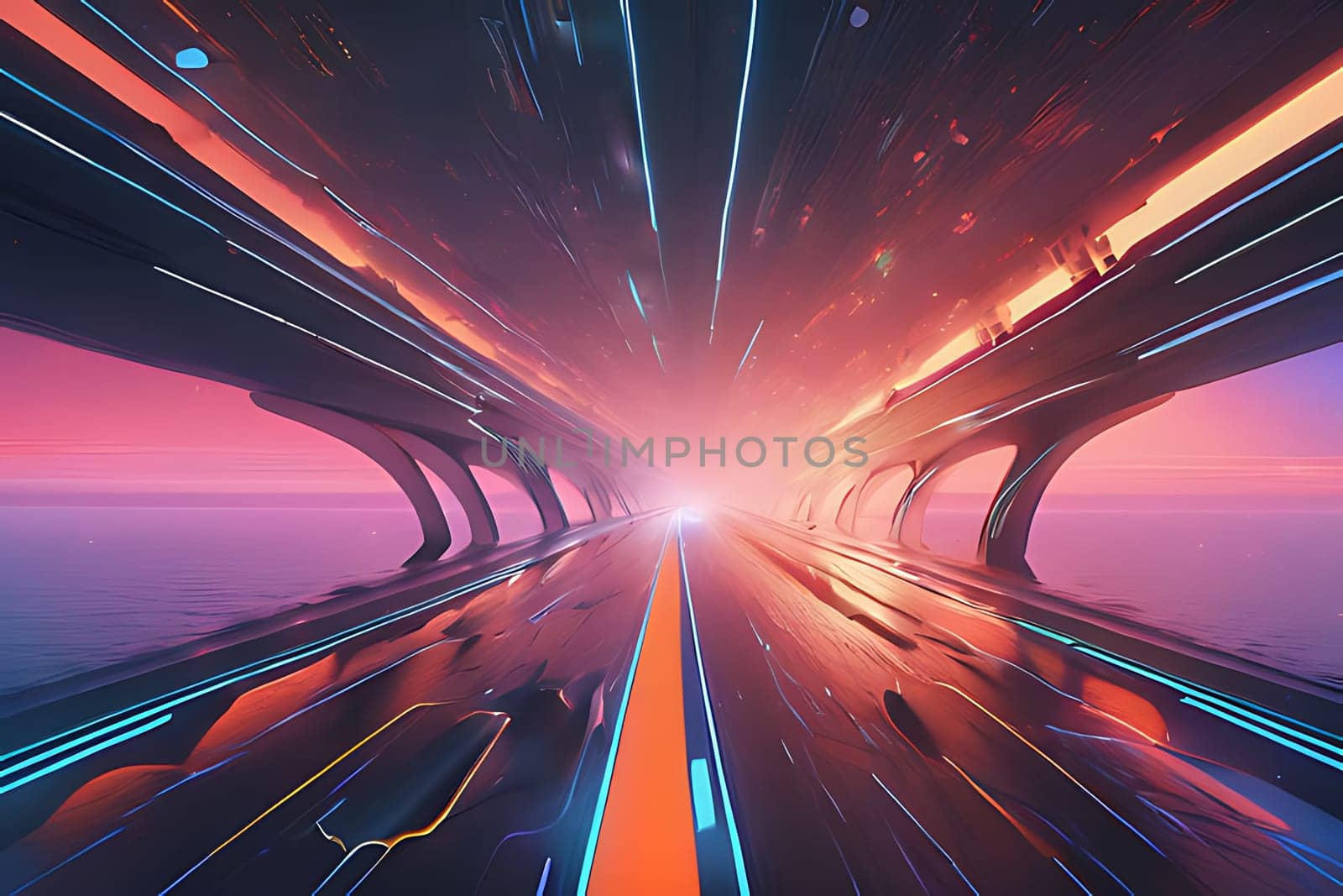 A tranquil road illuminated by streetlights, with a breathtaking pink sky at dusk, ideal for depicting evening travel and scenic routes.