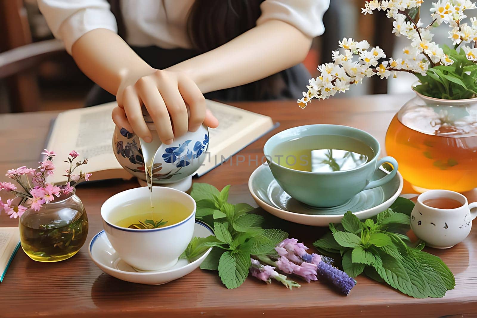 A close-up shot of a person gracefully pouring tea into delicate cups, embodying the essence of hospitality and tradition, perfect for culinary and lifestyle themes.