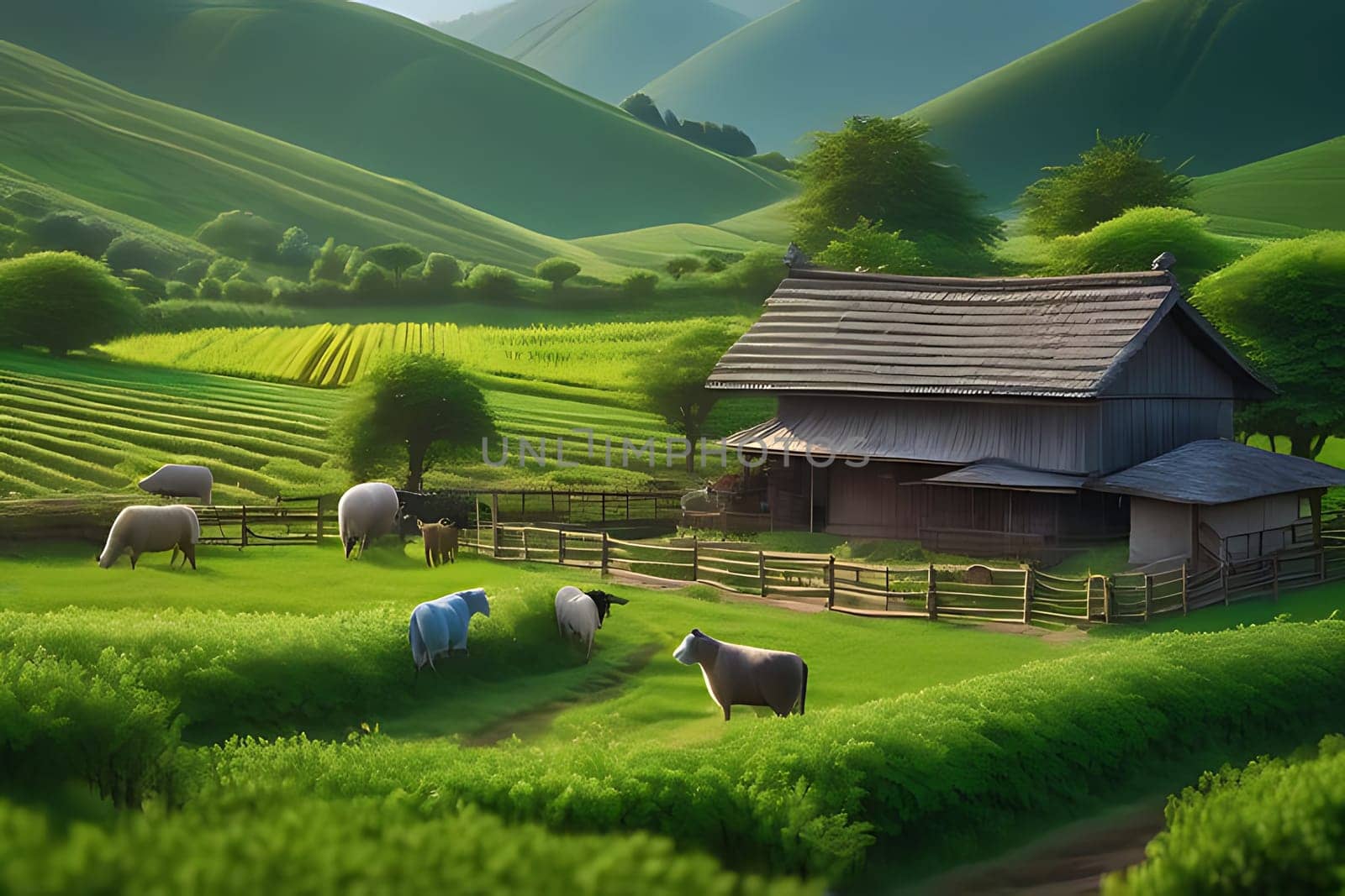 A peaceful rural scene of a group of sheep grazing in a green field, perfect for agricultural and countryside themes.