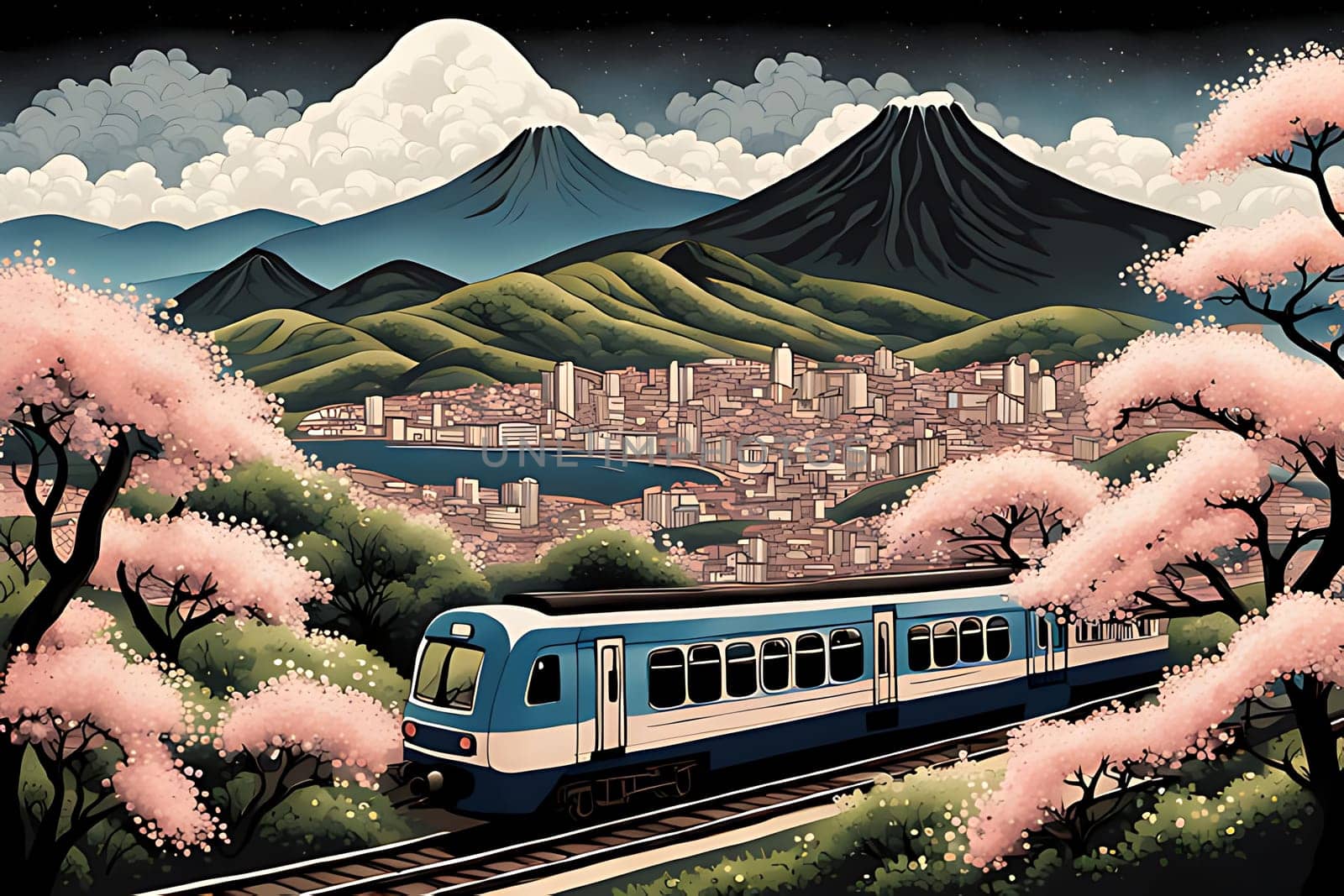 A picturesque scene of a train traveling along tracks with a backdrop of majestic trees and mountains, ideal for illustrating travel and natural landscapes