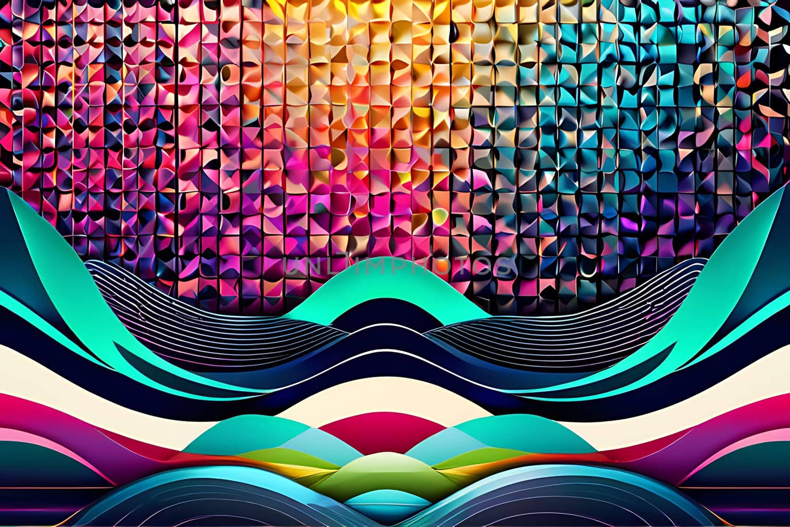 A dynamic background featuring a colorful wave pattern interspersed with geometric squares, perfect for modern and creative design projects.