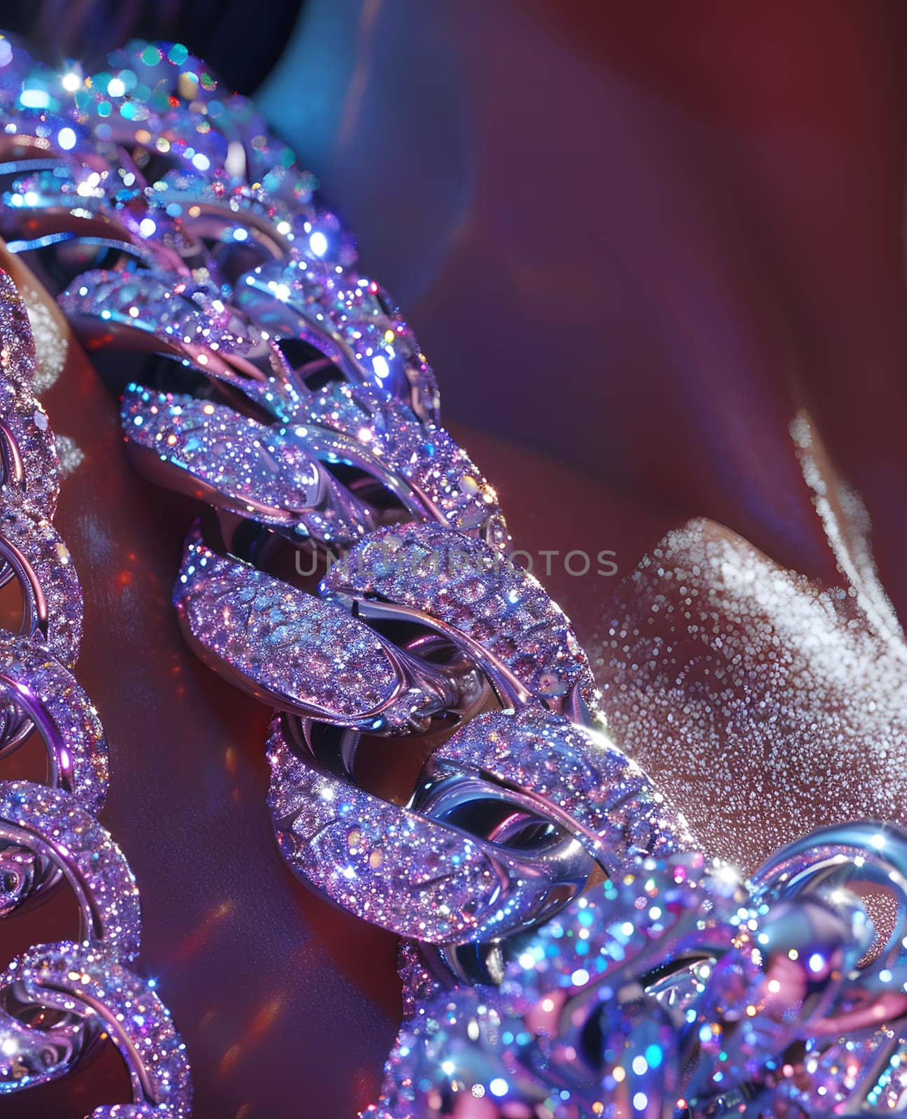 A close up of a purple chain with diamond petals resembling a terrestrial plant. The violet hue combined with electric blue and magenta accents make it a stunning piece of jewelry