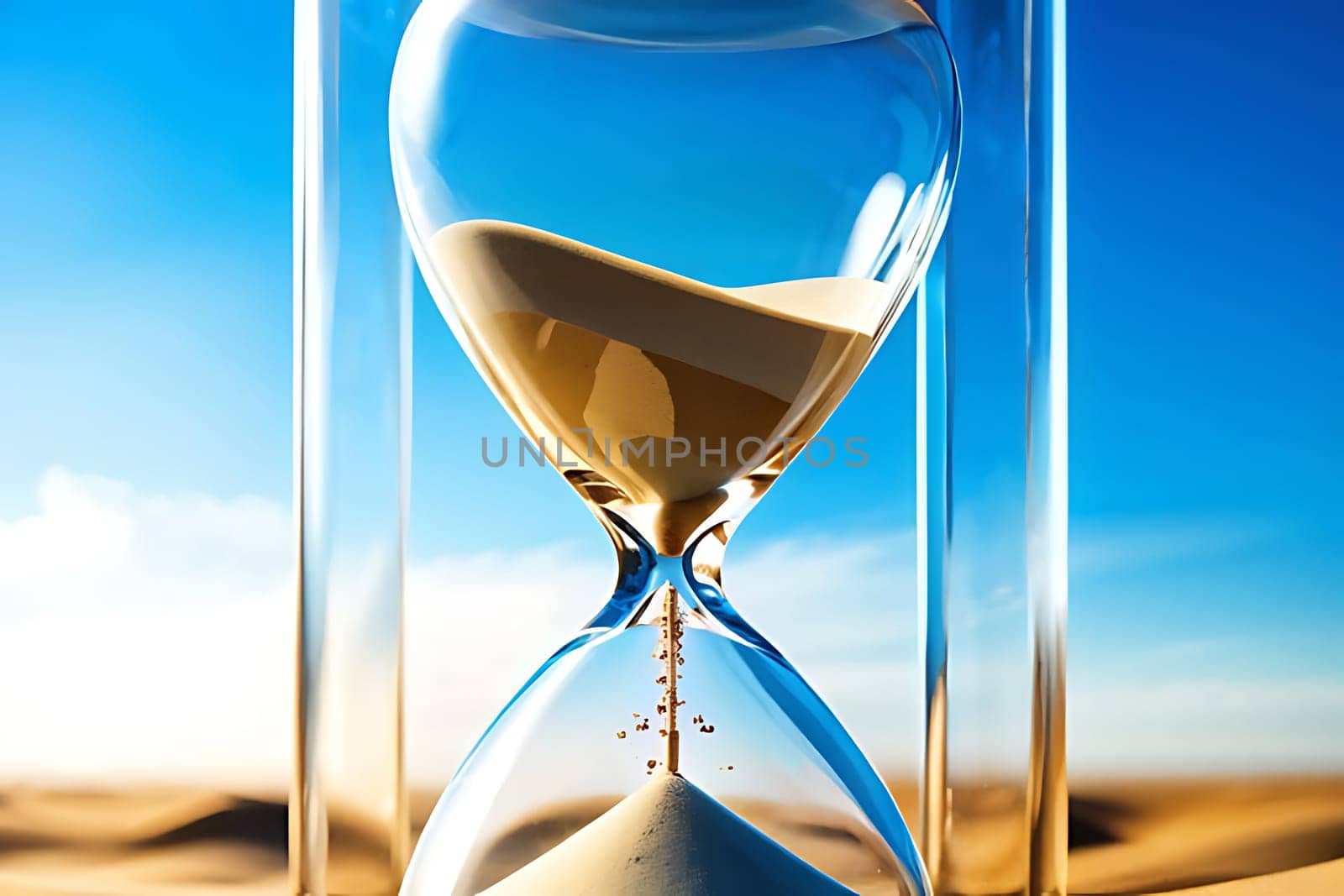 A striking image of an hourglass resting on a sandy surface, symbolizing the passage of time and the transient nature of life, perfect for themes related to time management and contemplation.