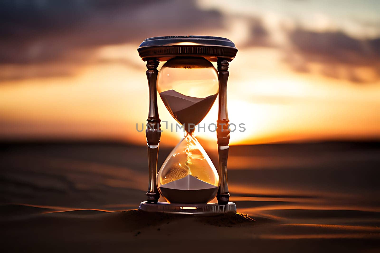 A striking image of an hourglass resting on a sandy surface, symbolizing the passage of time and the transient nature of life, perfect for themes related to time management and contemplation.