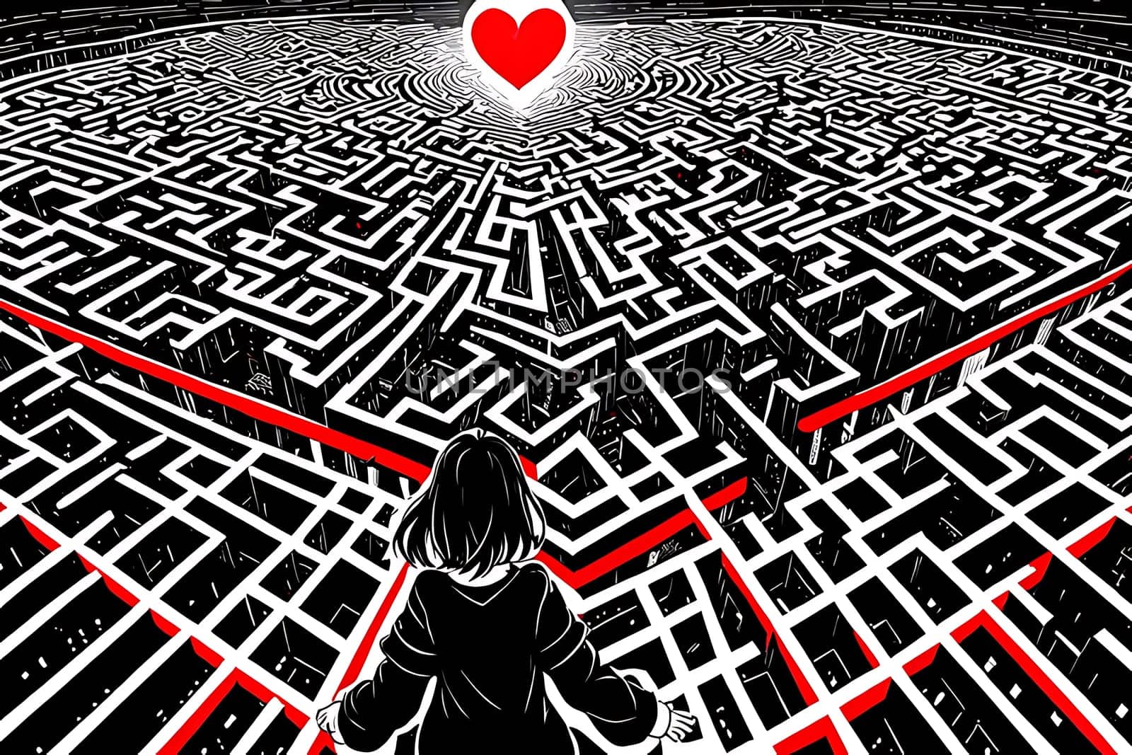 A girl looking at a maze. High quality photo