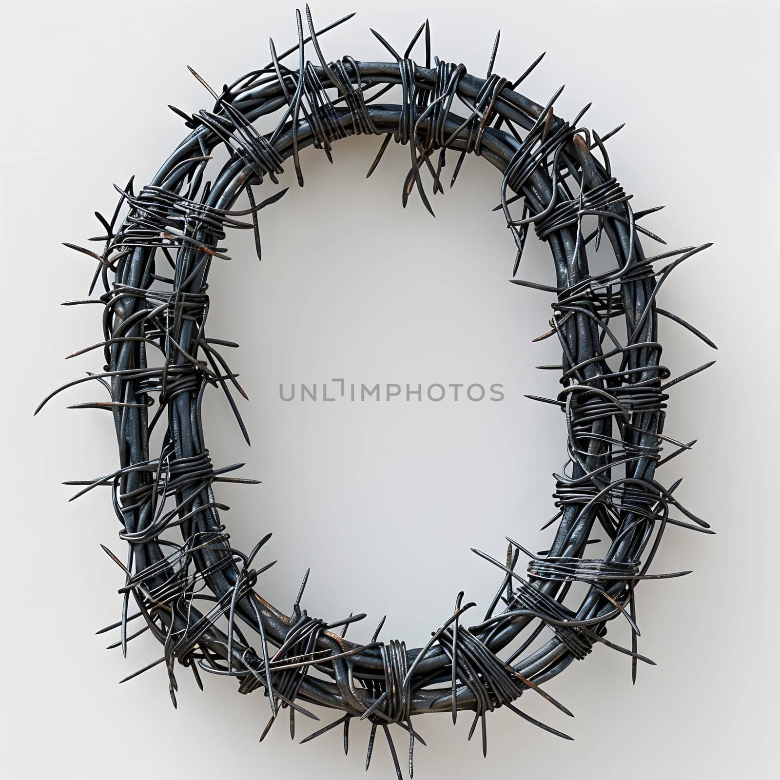 The letter O is comprised of barbed wire on a white background, resembling hair, eyebrow, eyelash, twig, headgear, tree, and an eye within an automotive tire