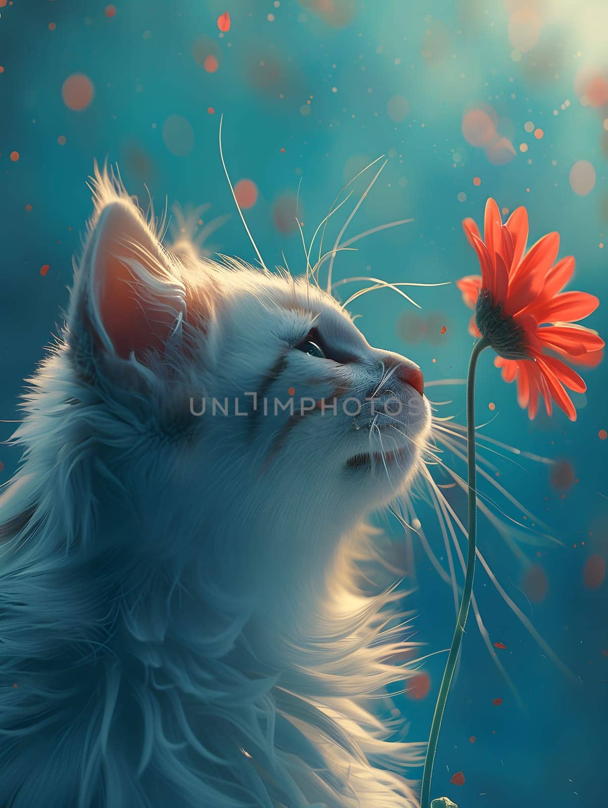 A Felidae organism, with whiskers, a small to mediumsized cat, is sniffing a red plant by the window. Its fluffy white fur contrasts with the azure sky outside