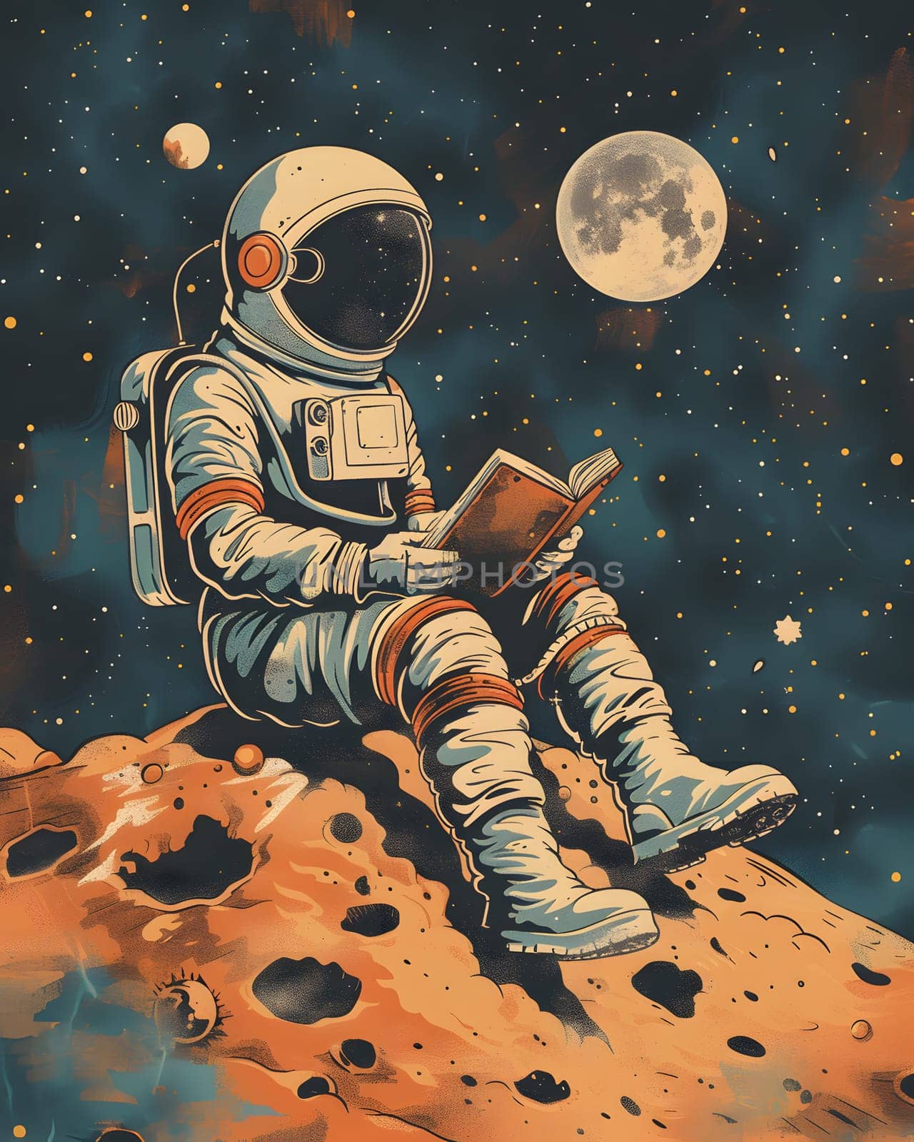 An astronaut, surrounded by astronomical objects, sits on a rock reading a book. The scene is like a painting, blending art and science in a captivating illustration of space