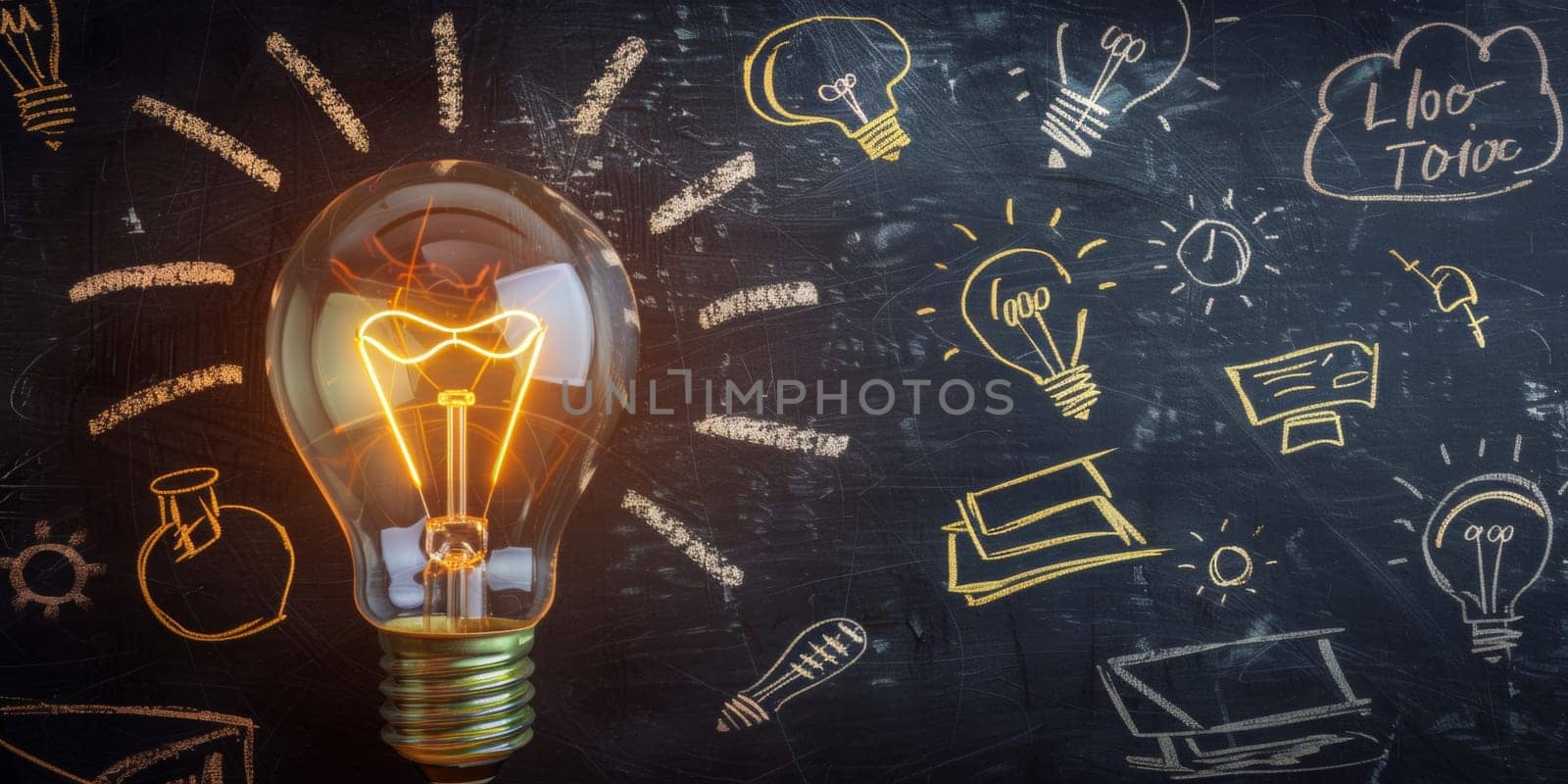 Light bulbs lit up on a chalkboard. Concept of creativity and innovation by papatonic