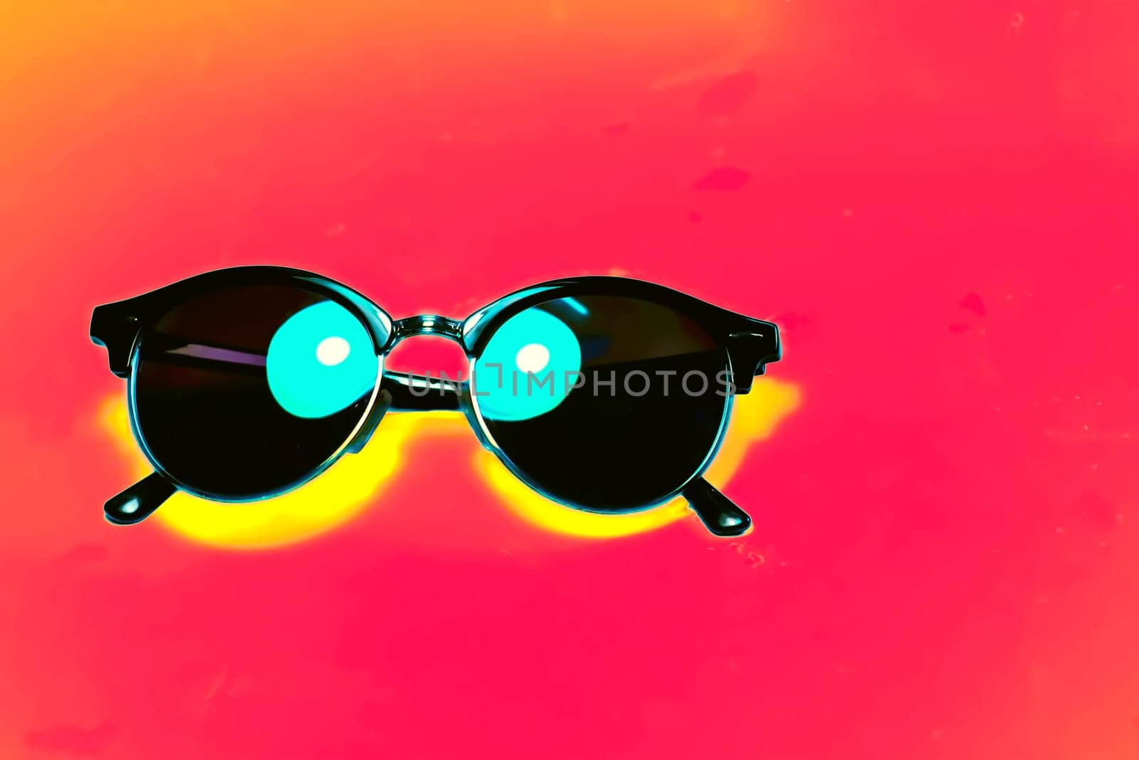 Sunglasses black with reflection of azure lamp on red surface by jovani68