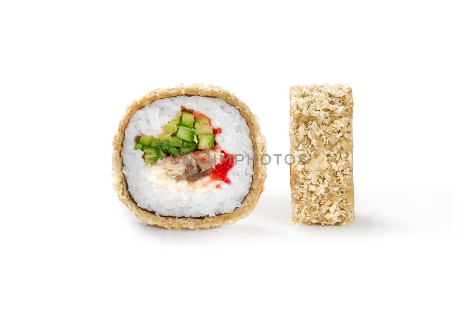 Warm crispy deep-fried sushi roll filled with eel, masago, cream cheese and cucumbers wrapped in panko breadcrumbs, displayed isolated on white background. Popular Japanese style food